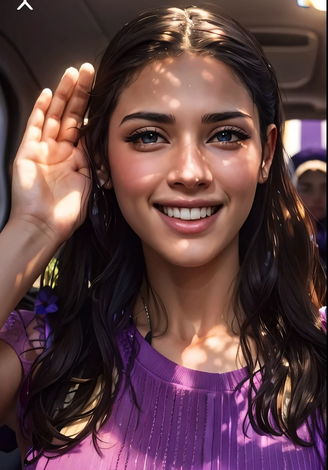 arafed woman in a car with a flower in her hair, violet myers, 18 years old, valentina remenar, 19-year-old girl, alanis guillen, 1 , every slightly smiling, avatar image, beautiful girl, 2 2 years oldarez, 21 years old, kailee mandel