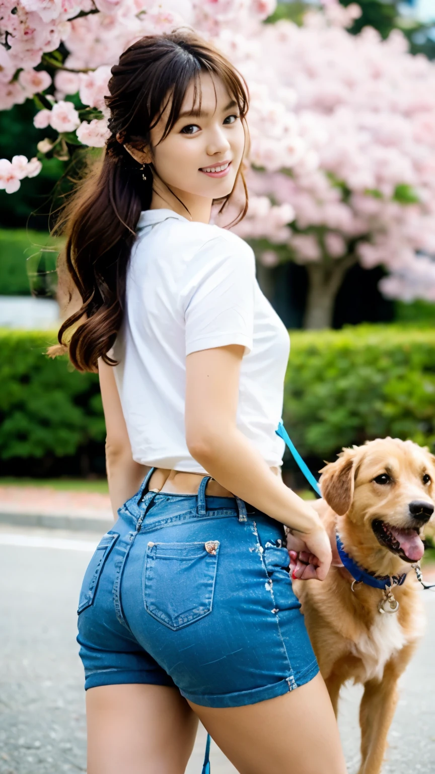 (((perfect anatomy))),A 20-year-old beautiful idol takes a walk with her large dog along a beautiful riverside embankment with cherry blossoms in full bloom.,A 20-year-old idol who looks great in necklaces and earrings,A men&#39;s T-shirt and checkered linen baggy pants are wonderful.,(((Cute walking with your dog on a leash))),(A shot of her and her dog from a high rear angle.),best image quality,professional angle of view,excellent details,ultra high resolution,realistic:1.4),high detail,focus on details,High concentration of 1girls,Beautiful chestnut hair braided together,Delicate high nose and glossy lips,beautiful face,Long limbs and a slim waist like a model,The white sneakers stand out against the beautifully toned ankles visible from the short hem.,
