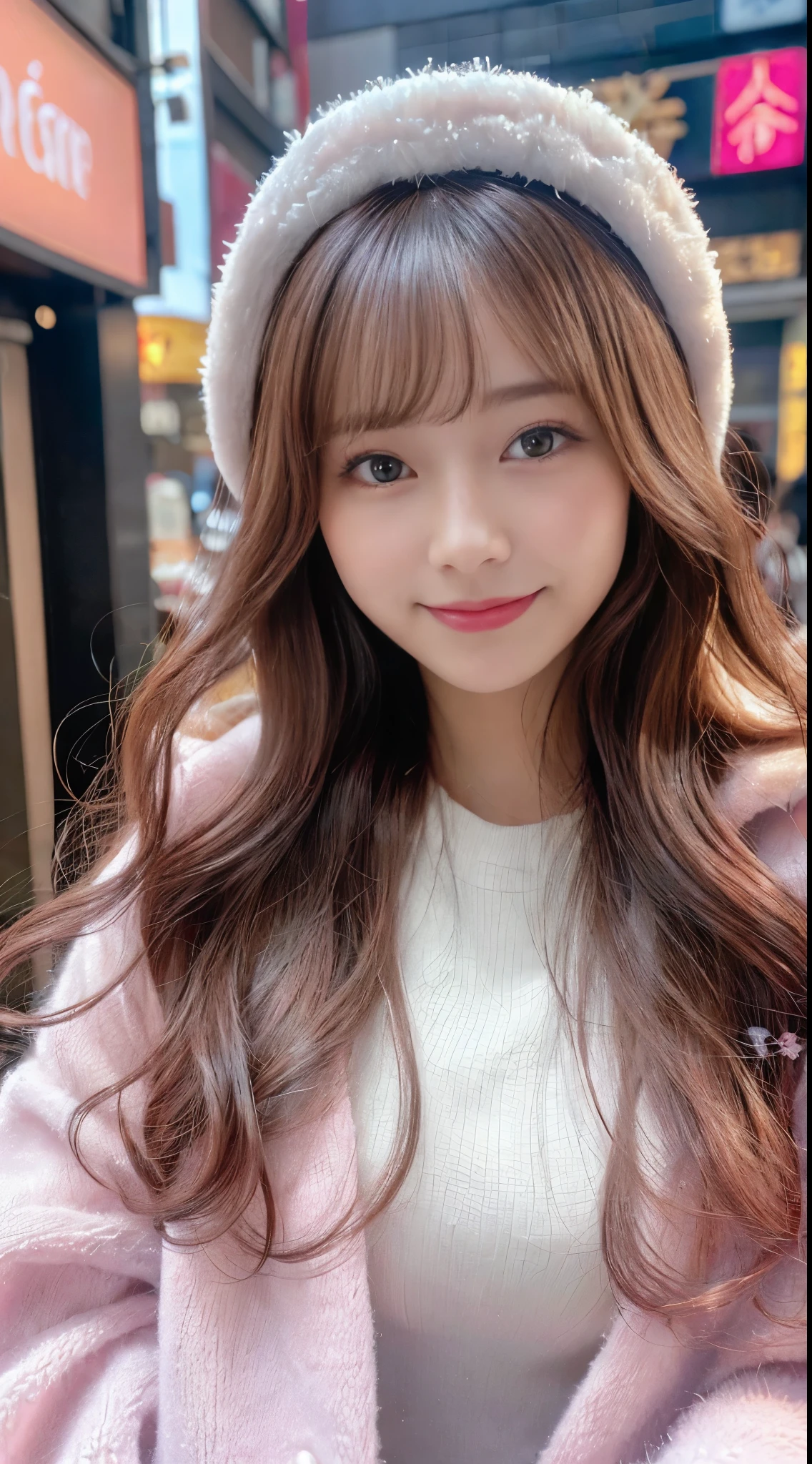 close up shot、look at the camera、(high quality, High resolution, Super detailed, realistic:1.37), ((long hair))curly hair、、B cup、Features beautiful details, cute(smile 1.6), ⦅pink hair⦆、Tokyo'Latest white fluffy winter clothes、In town