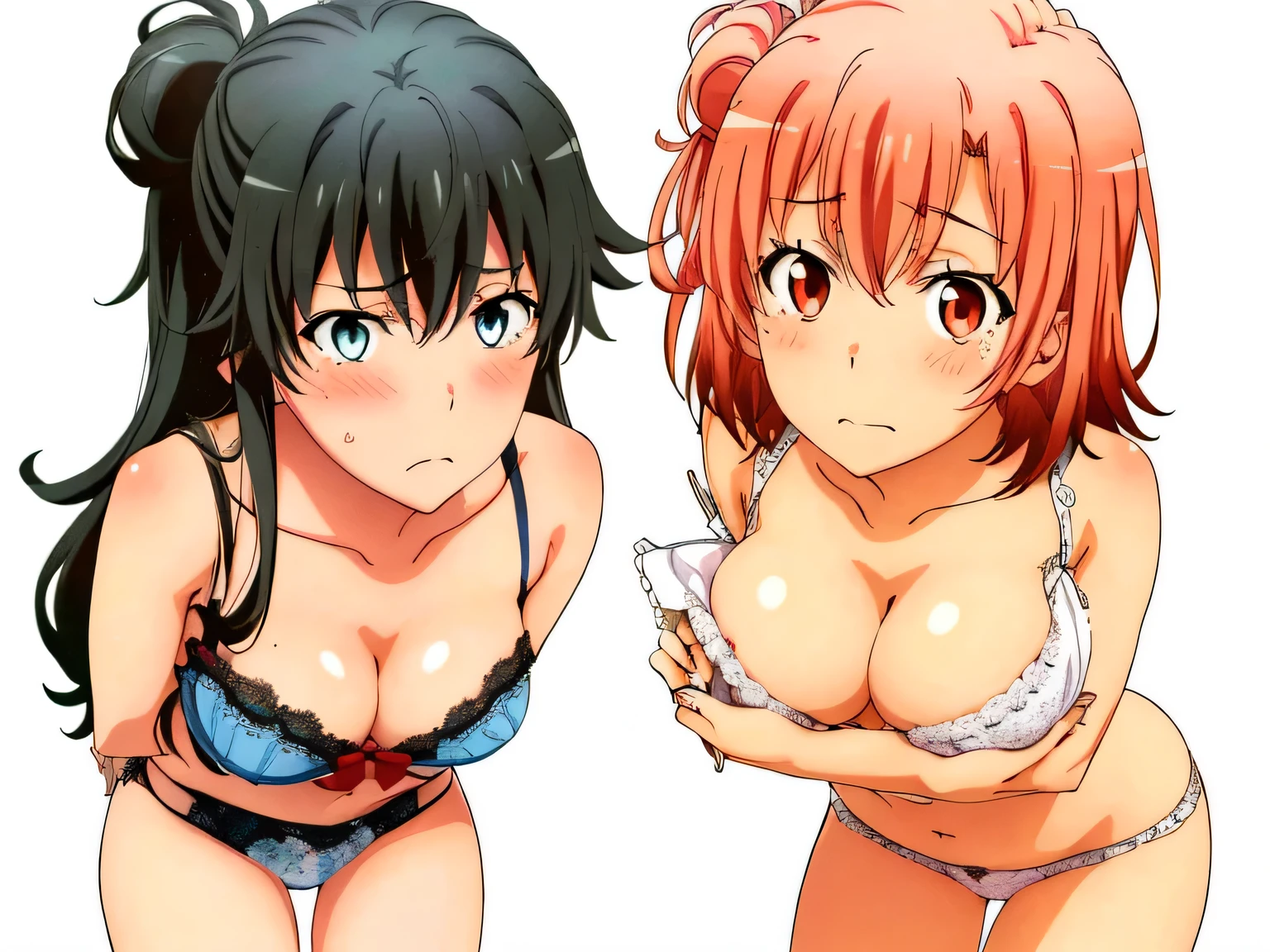 ((2 girls ), ((yuigahama yui is bust and ヒップライン are great)),((Yukinoshita Yukino)),pin up,In perverted underwear,they have their hands behind their backs,(Bra with nipple bulge line),Shiny bra,belly button,,(pink lace panties:1.0),(white panties:1.0),Ribbon on panties,(thighs),knees,((high angle:1.0)),(beautiful eyes),look at the camera,blush,troubled face,Insert your head