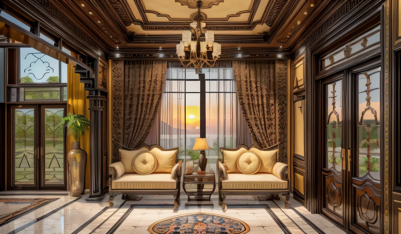 Raw photo, Masterpiece, high quality, best quality, authentic, super detail, interior, indoors, indochine livingroom with couch,rug, coffe table, dark tile floor, (sunset:1.1), vivid color, vray,