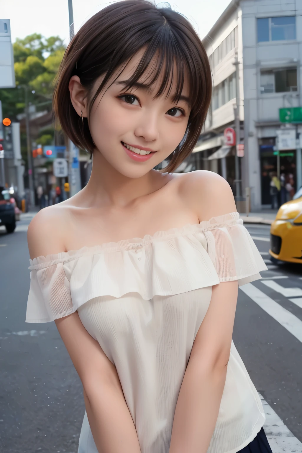 (((Japan woman at 18 years old)))、muste piece、highest quality、Super detailed、fine、High resolution、8K、((Photoreal:1.4、Raw photo、超High resolution、Highest image quality: 1.4))、((Perfect whole body composition 1.5) )、Detailed beautiful eyes、natural color lip、((穏やかなsmile:1.5))、((random cute hairstyle))、((Large breasts:1.2))、((from the front:1.5))、 ((chest、Bottom cut、mole on arm:0.9))、((random background blur))、(((spring)))、((Random and cute facial expressions) ),、Highly detailed and professional lighting、perfect dynamic composition、The edges of the eyes are beautifully finished in every detail.)), ((sleeveless off-the-shoulder:1.6)),((micro mini skirt:1,5)),((smile、Center of scramble intersection)),