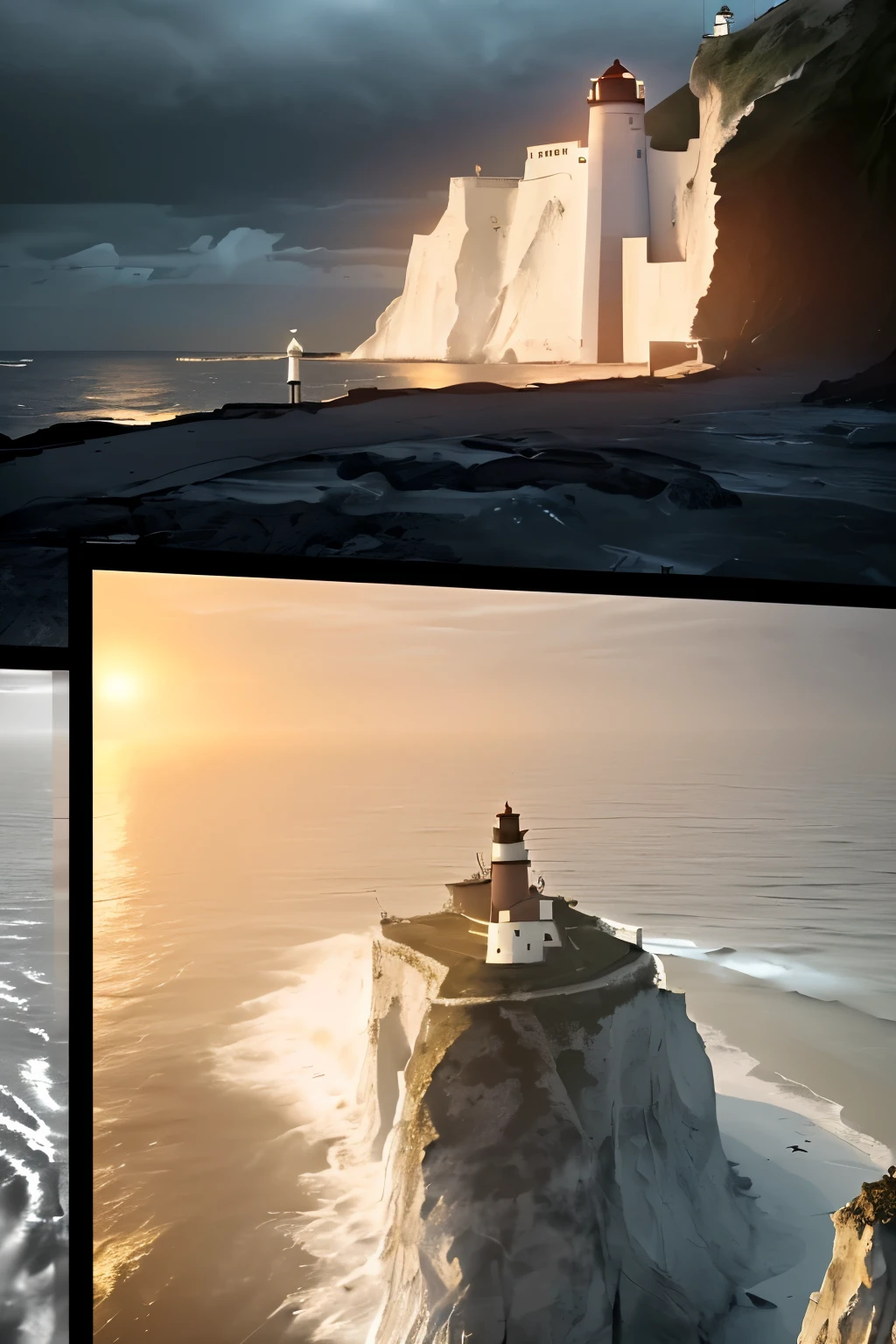 (McDonald slogan),(texture McDonald slogan),(McDonald slogan on the lighthouse),(A towering lighthouse),(Mcdonald slogan),(McDonald slogan),(one slogan),(slogan lighthouse),(a texture slogan),(photographic),(one lighthouse),(one towering lighthouse)(lighthouse on the center of screen),(McDonald slogan)(Mcdonald slogan in the Lighthouse),(a giant slogan),(shining slogan),(bright yellow lighthouse),(lighthouse at the edge of a cliff),(chaotic, proud sea under cliff),(steep cliff),(grey sea),(chaotic sea),(proud sea),(dangerous sea),(grey cliff),(travelers),(travelers approaching to lighthouse)(tired travelers),(promising travelers smiling and pointing at lighthouse),(distinct whether),(glum sky in the bottom),(melancholy weather in the bottom),(contrasting),(peace, glowing sunrise in the top),(golden beams arise with sunshine)(bright gold and orange beam)(beam setting off the McDonald lighthouse),(monochrome of sea)(monochrome of cliff),(monochrome of weather in the bottom),(colorful lighthouse)