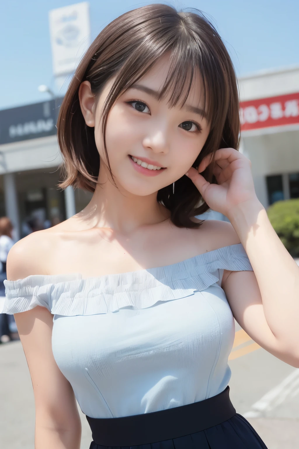 (((Japan woman at 18 years old)))、muste piece、highest quality、Super detailed、fine、High resolution、8K、((Photoreal:1.4、Raw photo、超High resolution、Highest image quality: 1.4))、((Perfect whole body composition 1.5) )、Detailed beautiful eyes、natural color lip、((穏やかなsmile:1.5))、((random cute hairstyle))、((Large breasts:1.2))、((from the front:1.5))、 ((chest、Bottom cut、mole on arm:0.9))、((random background blur))、(((spring)))、((Random and cute facial expressions) ),、Highly detailed and professional lighting、perfect dynamic composition、The edges of the eyes are beautifully finished in every detail.)), ((sleeveless off-the-shoulder:1.6)),((micro mini skirt:1,5)),((smile、Center of scramble intersection)),