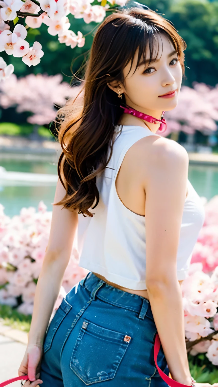 (((perfect anatomy))),((A beautiful 20-year-old idol walks along a beautiful riverside embankment with cherry blossoms in full bloom, pulled by her adorable dog, a very large golden retriever.)),A 20-year-old idol who looks great in necklaces and earrings,((A men's T-shirt and checkered baggy pants are great.)),(((It's cute to see him standing low and pulling the leash with the dog.))),(A shot of her and her dog from a low rear angle.),best image quality,professional angle of view,excellent details,ultra high resolution,realistic:1.4),high detail,focus on details,High concentration of 1girls,Beautiful chestnut hair braided together,Delicate high nose and glossy lips,beautiful face,Long limbs and a slim waist like a model,The white sneakers stand out against the beautifully toned ankles visible from the short hem.,