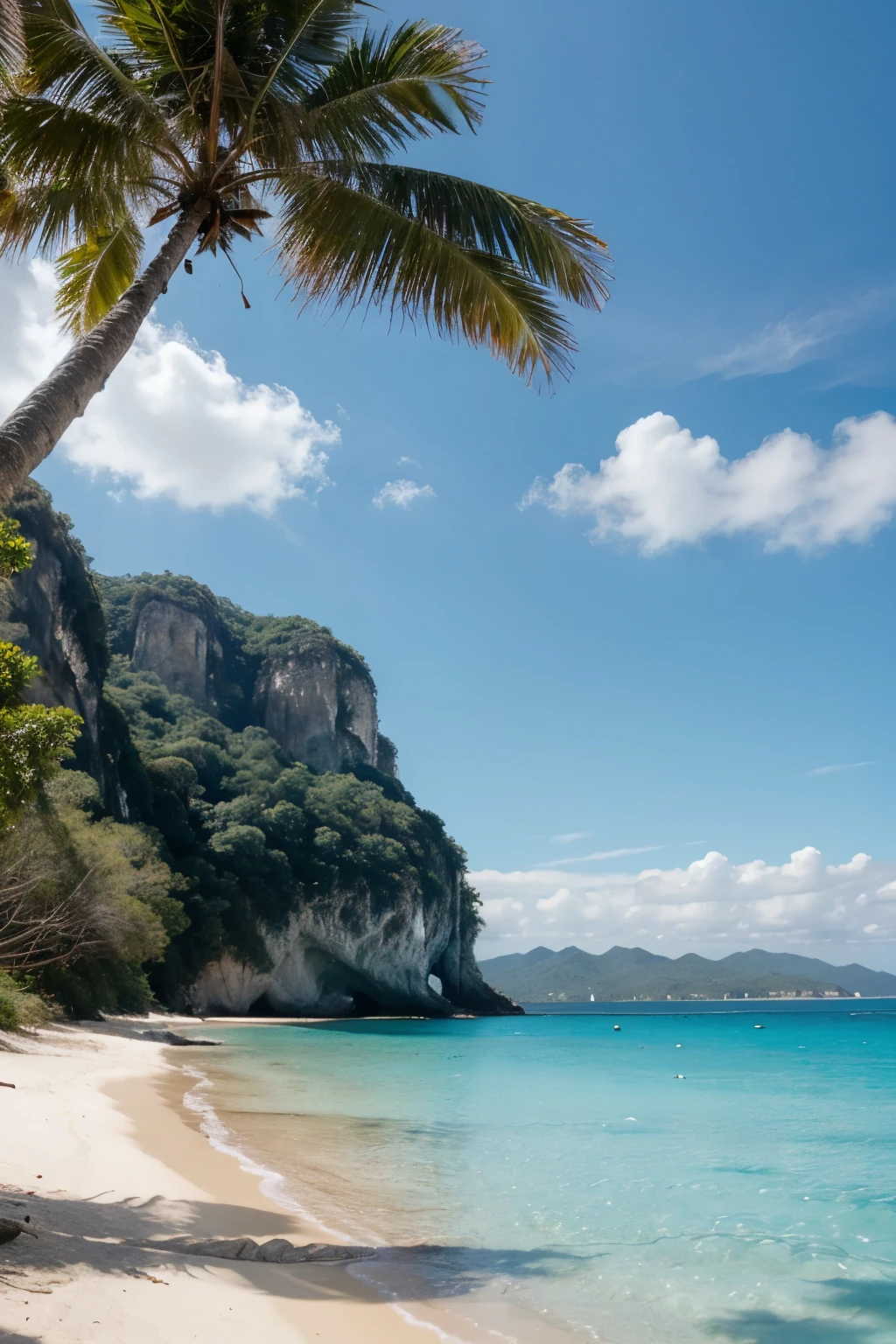 I wish for a paradisiacal landscape in which there is sea and mountains, that the sea is turquoise and has corals.