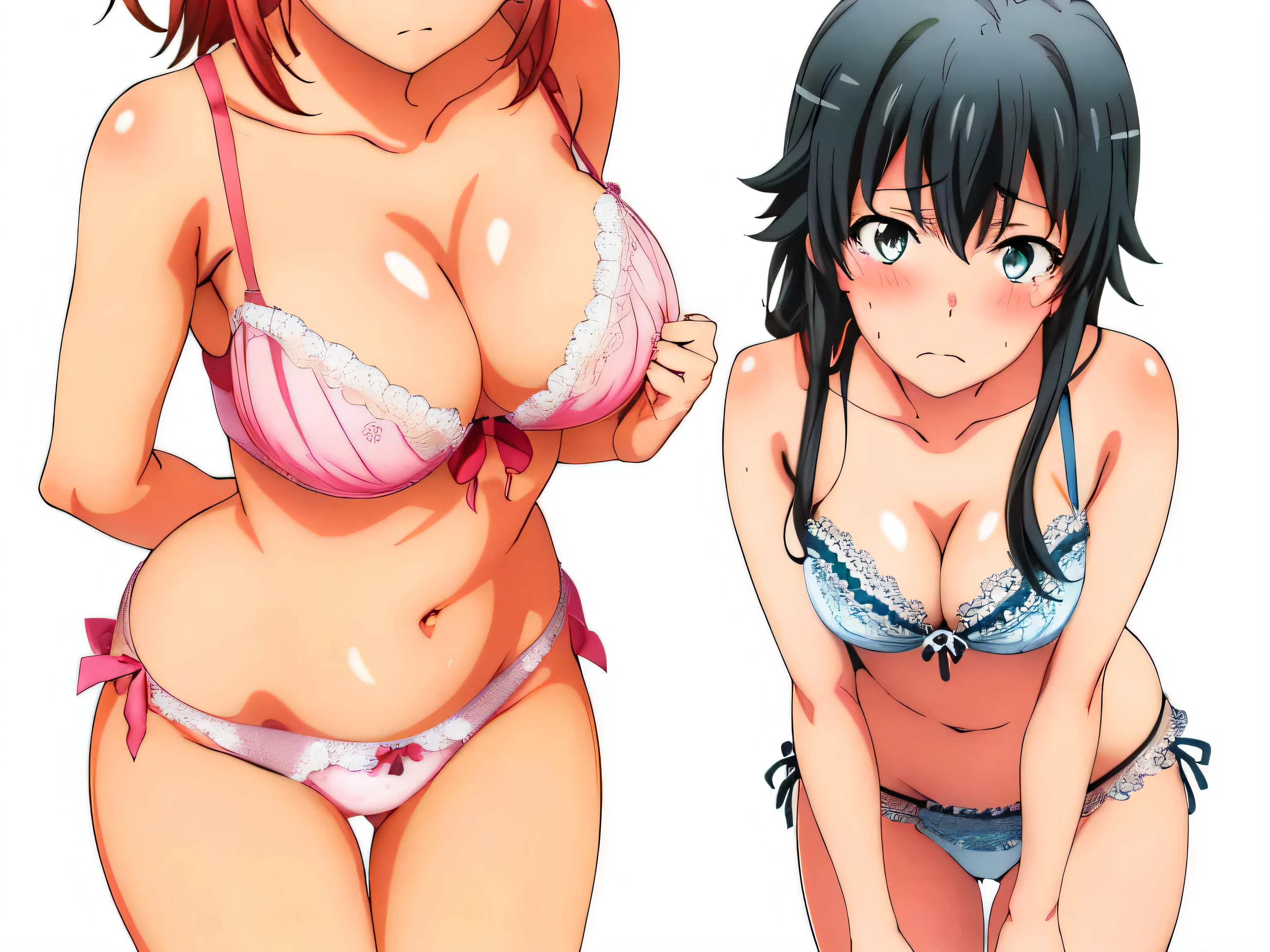 ((2 girls ), ((yuigahama yui is bust and ヒップライン are great)),((Yukinoshita Yukino)),pin up,In perverted underwear,they have their hands behind their backs,(Bra with nipple bulge line),Shiny bra,belly button,,(pink lace panties:1.0),(white panties:1.0),Ribbon on panties,(thighs),knees,((high angle:1.0)),(beautiful eyes),look at the camera,blush,troubled face,Insert your head