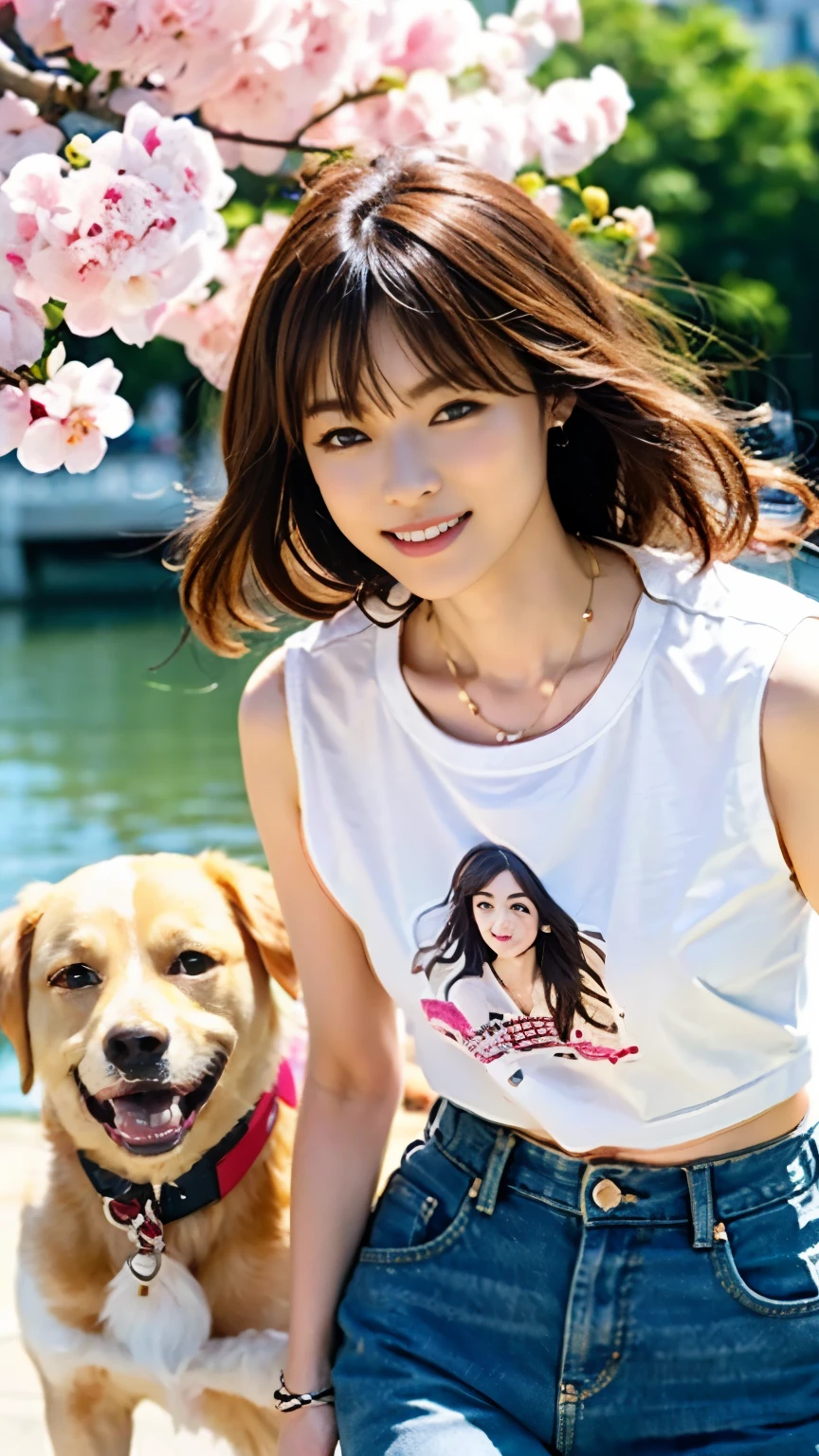 (((perfect ???????))),((A beautiful 20-year-old idol walks along a beautiful riverside embankment with cherry blossoms in full bloom, pulled by her adorable dog, a very large golden retriever.)),A 20-year-old idol who looks great in necklaces and earrings,((A men's T-shirt and checkered baggy pants are great.)),(((It's cute to see him standing low and pulling the leash with the dog.))),(Shooting her and the dog from a low angle on the side),best image quality,professional angle of view,excellent details,ultra high resolution,realistic:1.4),high detail,focus on details,High concentration of 1girls,Beautiful chestnut hair braided together,Delicate high nose and glossy lips,beautiful face,Long limbs and a slim waist like a model,The white sneakers stand out against the beautifully toned ankles visible from the short hem.,