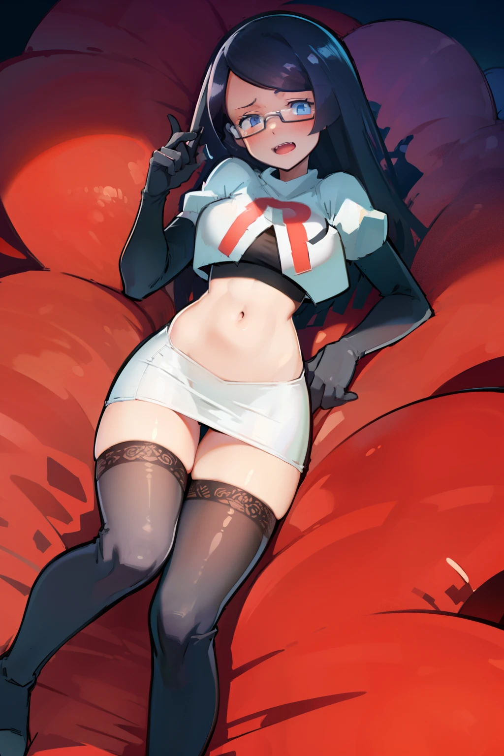 fennel_pk, glasses, team rocket,team rocket uniform, red letter R, white skirt,white crop top,black thigh-highs,black elbow gloves, sinister villianess look,