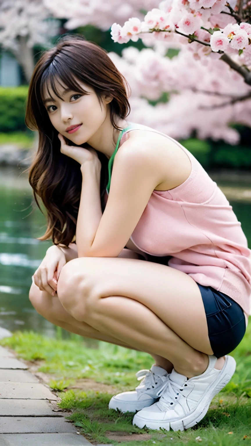 A beautiful young Korean girl, 16 years old, lay down beside a highway road in a park, wearing an above-knee length elegant purple t-shirt with skirt, cute and sweet, photorealistic, 8k, ultra-detailed, masterpiece, gorgeous colors, natural lighting, serene landscape, cinematic composition, detailed facial features, long lashes, rosy cheeks, porcelain skin, delicate features, warm smile, graceful pose, flowing dress, lush foliage, winding path, blue sky, wispy clouds, beautiful face, realistic face, realistic skin, realistic smile, realistic atmosphere, every thing is realistic, cutest smile, realistic body, realistic body language, mouth watering beauty, cute face, stylish look, stylish angles, tempting eyes, realistic hands, realistic arms, realistic hand fingers, realistic legs, bright skin, perfect body figure, round youngest breasts, beautiful soft smooth thighs, bright skin, bright body, hot figure, Slender, Navel, side bending angle,