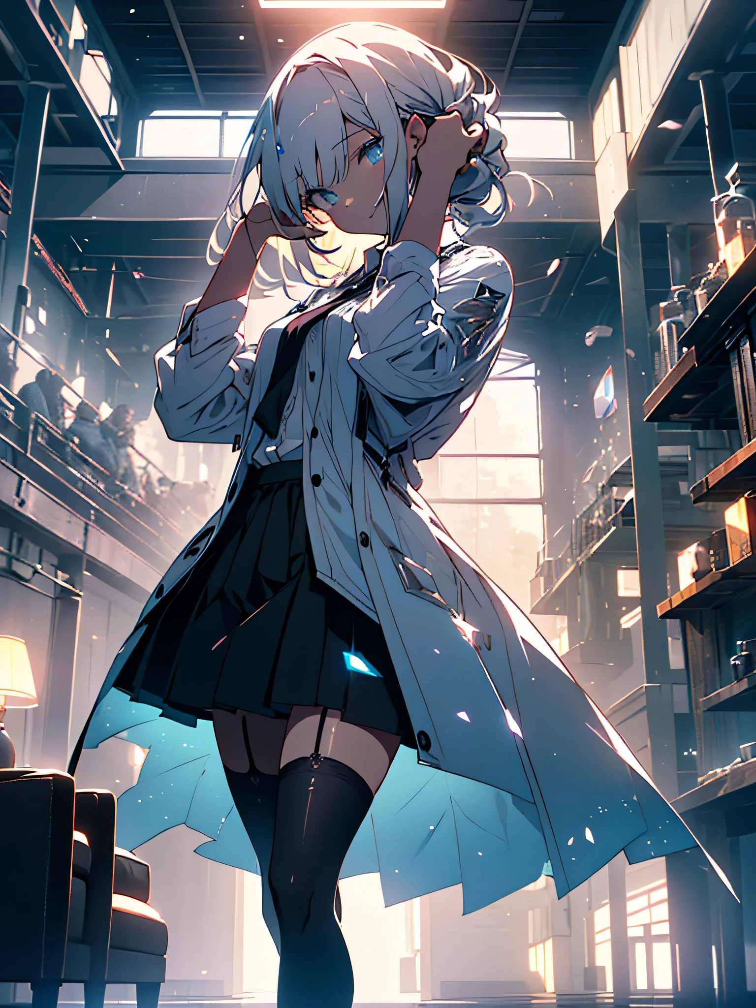 (beautiful anime),(((1 girl)),ray tracing,(dim lighting),[detailed background (living room)),((silver hair)),(silver hair)),((Fluffy silver hair, slender girl)) with a high ponytail))) Avoid golden eyes in the ominous living room ((((The girl is wearing a white opaque shirt, Black wrinkled skirt and black transparent stockings), express delicacy, Slender body and elegant curves, correct limbs, put your hands behind your head, put your hands behind your head, put your hands behind your head , eye details, beautiful eyes, delicate eyes, blue eyes