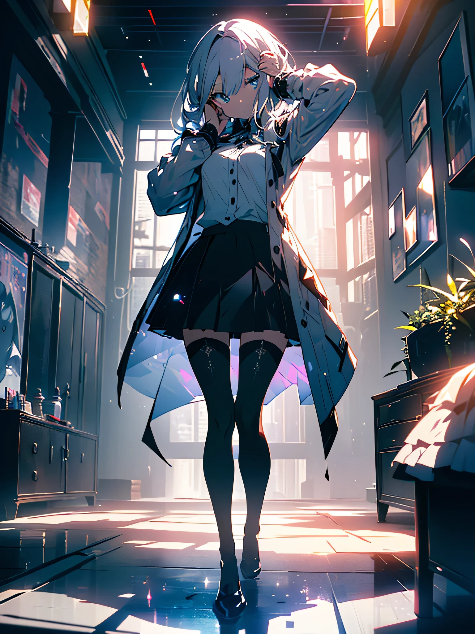 (beautiful anime),(((1 girl)),ray tracing,(dim lighting),[detailed background (living room)),((silver hair)),(silver hair)),((Fluffy silver hair, slender girl)) with a high ponytail))) Avoid golden eyes in the ominous living room ((((The girl is wearing a white opaque shirt, Black wrinkled skirt and black transparent stockings), express delicacy, Slender body and elegant curves, correct limbs, put your hands behind your head, put your hands behind your head, put your hands behind your head , eye details, beautiful eyes, delicate eyes, blue eyes