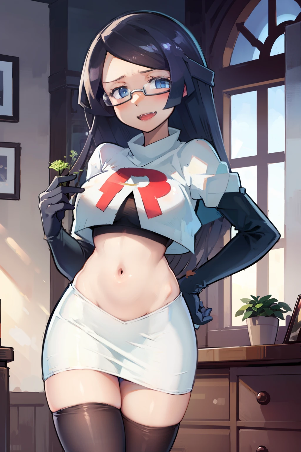 fennel_pk, glasses, team rocket,team rocket uniform, red letter R, white skirt,white crop top,black thigh-highs,black elbow gloves, sinister villianess look,