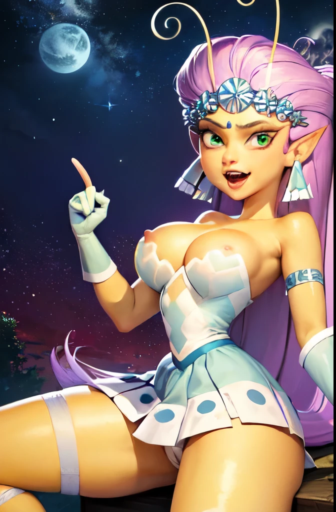 (masterpiece, best quality:1.2),  princess mandie, 1girl, solo, earrings, jewelry, green eyes, colored skin, pointy ears, purple hair, long hair, open mouth, breasts, big breasts, star \(symbol\), bare shoulders, parody, yellow skin, antennae, fangs, open dress, very long hair, visible nipples, teeth, outdoors, stars, night sky, green skin,, from below, upskirt, white panties