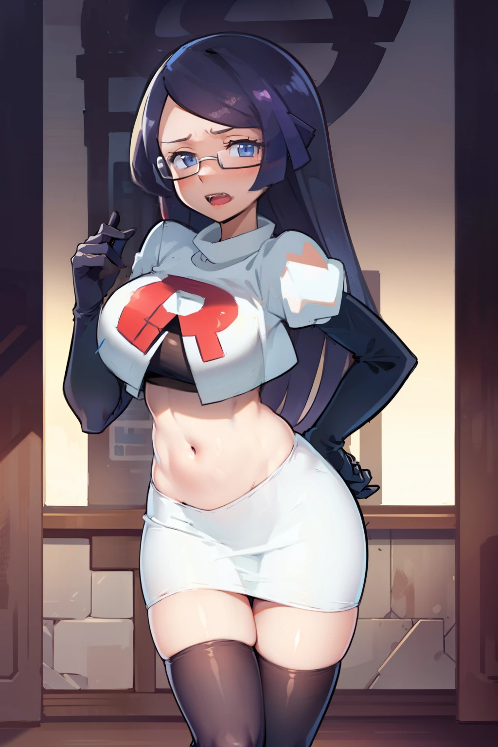 fennel_pk, glasses, team rocket,team rocket uniform, red letter R, white skirt,white crop top,black thigh-highs,black elbow gloves, sinister villianess look,