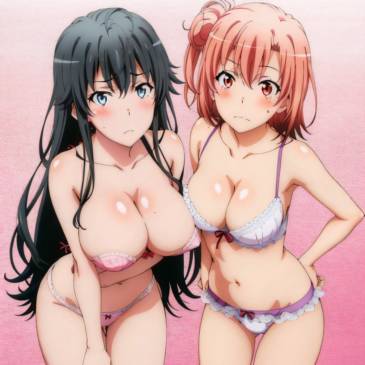 ((2 girls ), ((yuigahama yui is bust and ヒップライン are great)),((Yukinoshita Yukino)),In perverted underwear,they have their hands behind their backs,(Bra with nipple bulge line),Shiny bra,belly button,,(pink lace panties:1.0),(white panties:1.0),Ribbon on panties,thighs,((high angle:1.0)),(beautiful eyes),look at the camera,blush,troubled face,Insert your head