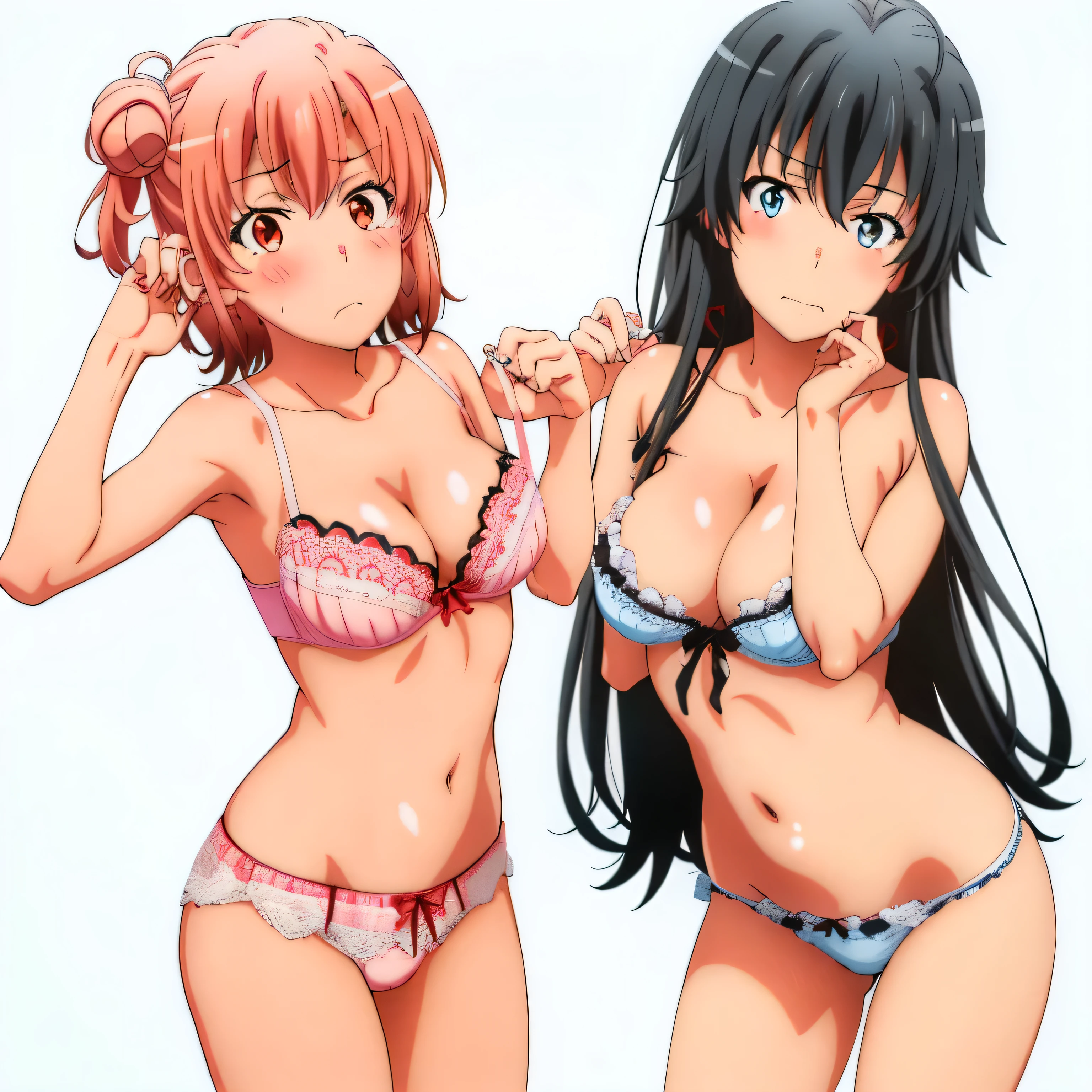 ((2 girls ), ((yuigahama yui is bust and ヒップライン are great)),((Yukinoshita Yukino)),In perverted underwear,they have their hands behind their backs,(Bra with nipple bulge line),Shiny bra,belly button,,(pink lace panties:1.0),(white panties:1.0),Ribbon on panties,thighs,((high angle:1.0)),(beautiful eyes),look at the camera,blush,troubled face,Insert your head