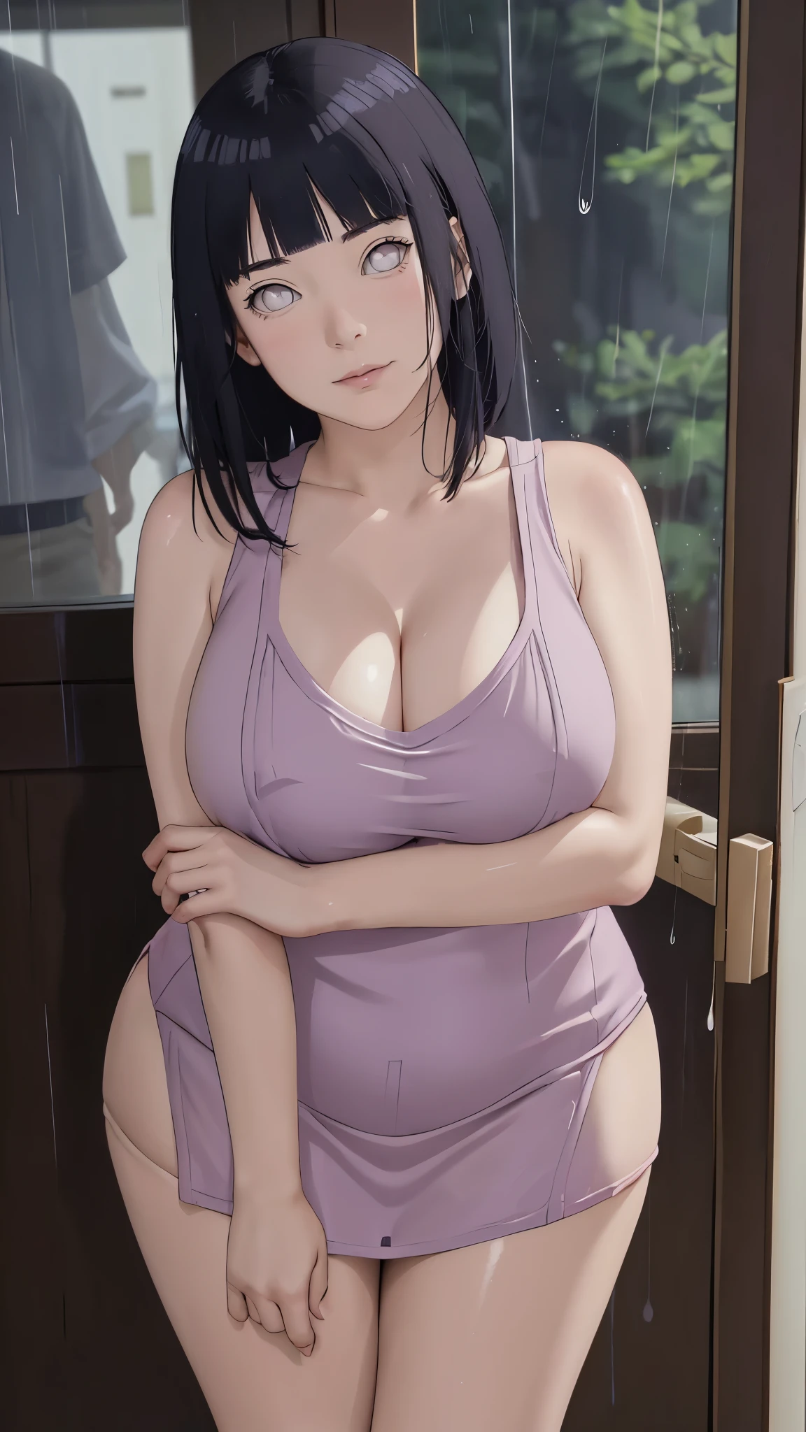 Chubby, Curve, thick, Made, absurderes, Hinata\(Boruto\), 1girll, Solo,Mature female, view the viewer,Perfectcomposition, Detailed lips, big breast, Beautiful face, body chubby, Blush, (white lips), Long hair, Purple eyes, Soft gaze, angry smile, Super realistic, Detailed, photoshoot, Realistick faces and bodies，（perspire，Sweat a lot，Blushlush，Be red in the face，Blushlush），（Bigboobs），japanese house，Stand at the door，natta，raining day, ((short dress)), ((cleavage)), sideboob, dark hair, sleeveless, thighs, full body