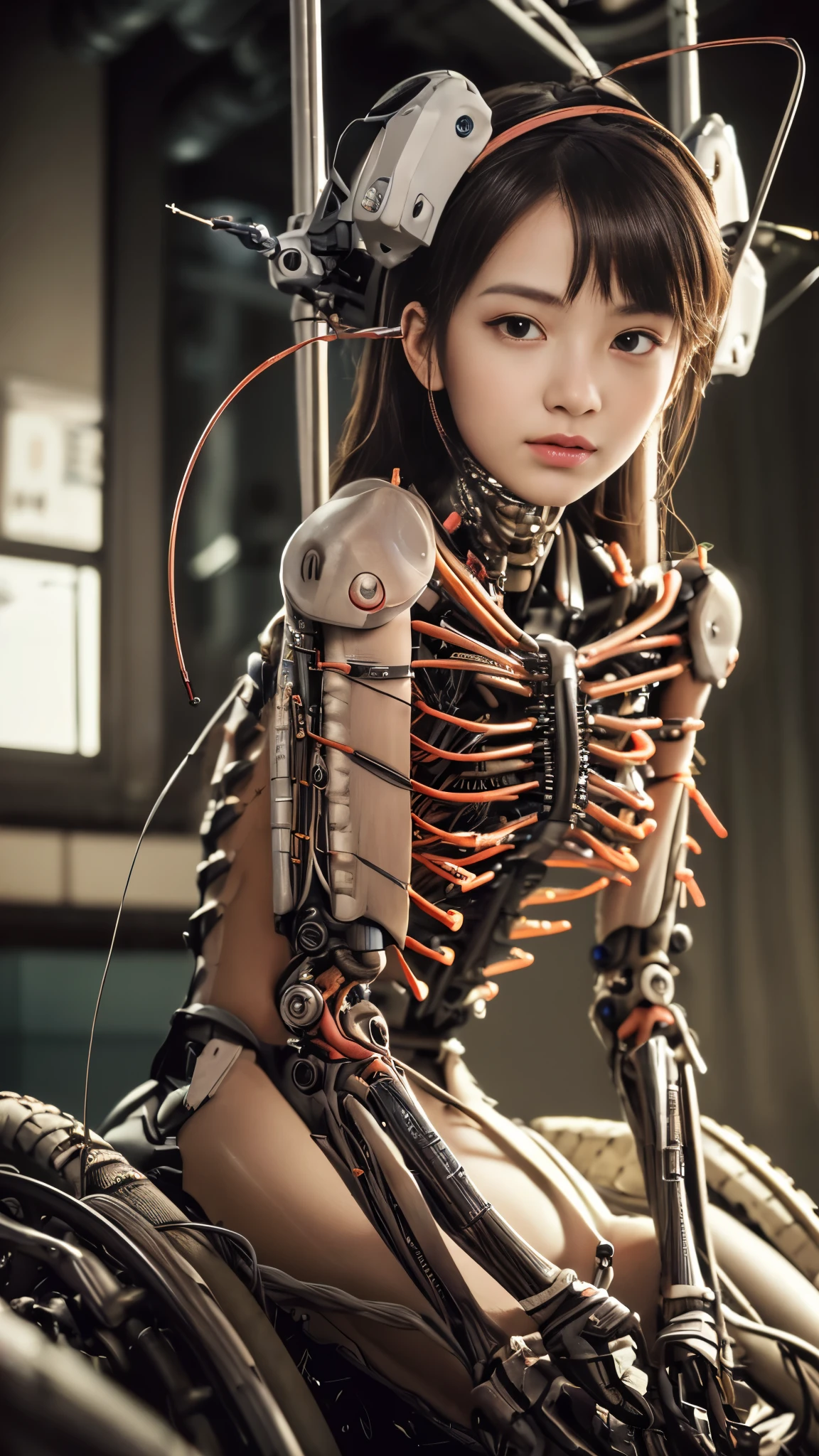 (((masterpiece))), (((highest quality))), ((Super detailed)), (Detailed CG illustration), ((very delicate and beautiful)),(cute delicate face),cinematic light,((1 mechanical girl)),alone,full body,(machine made joint:1.4),((mechanical limbs)),(blood vessels connected to tubes),((mechanical spine attached to the back)),((Mechanical cervical spine attached to the neck)),((sitting)),No expression,(Wires and cables attached to the head and body:1.5),(character focus),SF