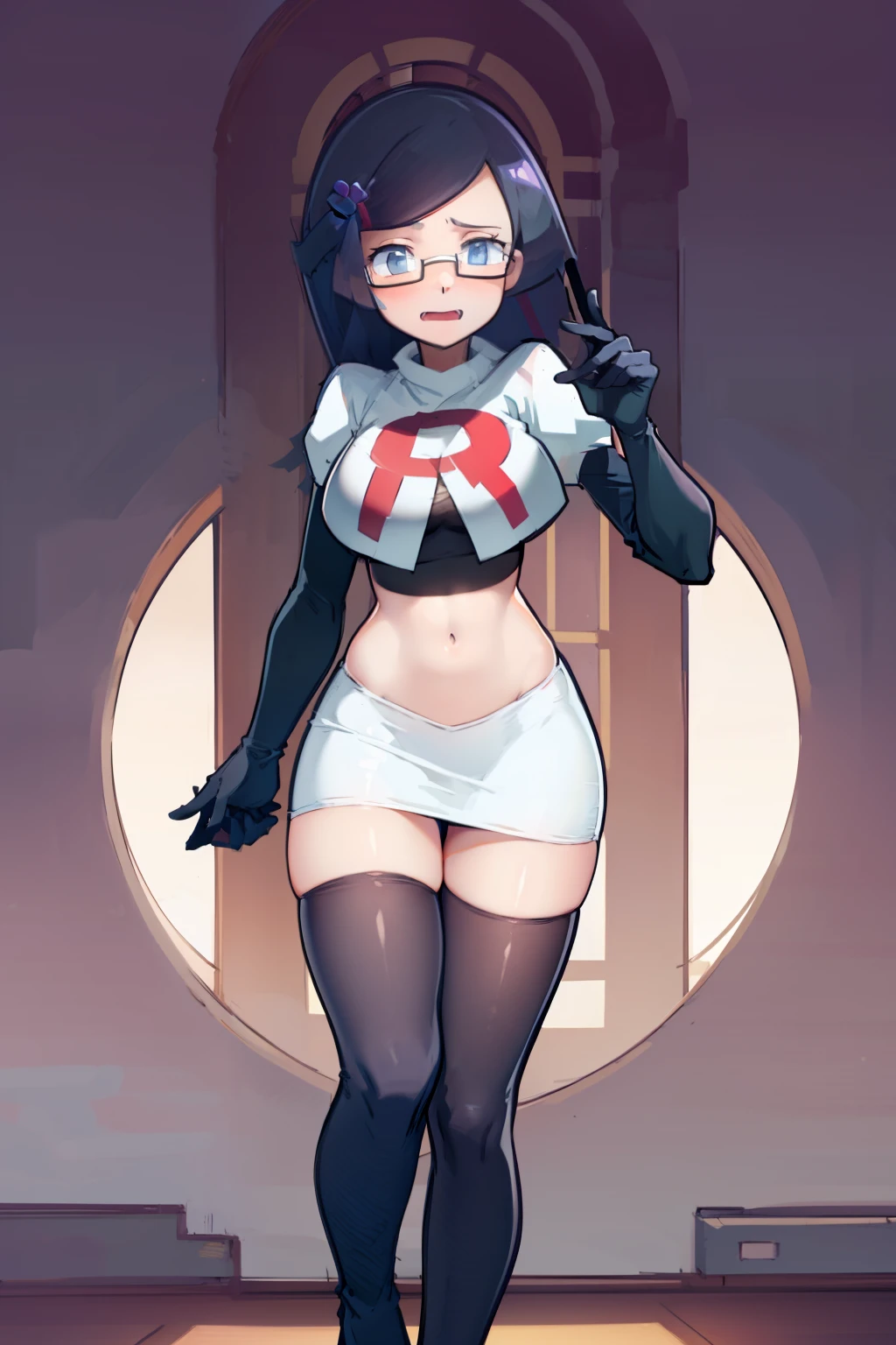 fennel_pk, glasses, team rocket,team rocket uniform, red letter R, white skirt,white crop top,black thigh-highs,black elbow gloves, sinister villianess look,