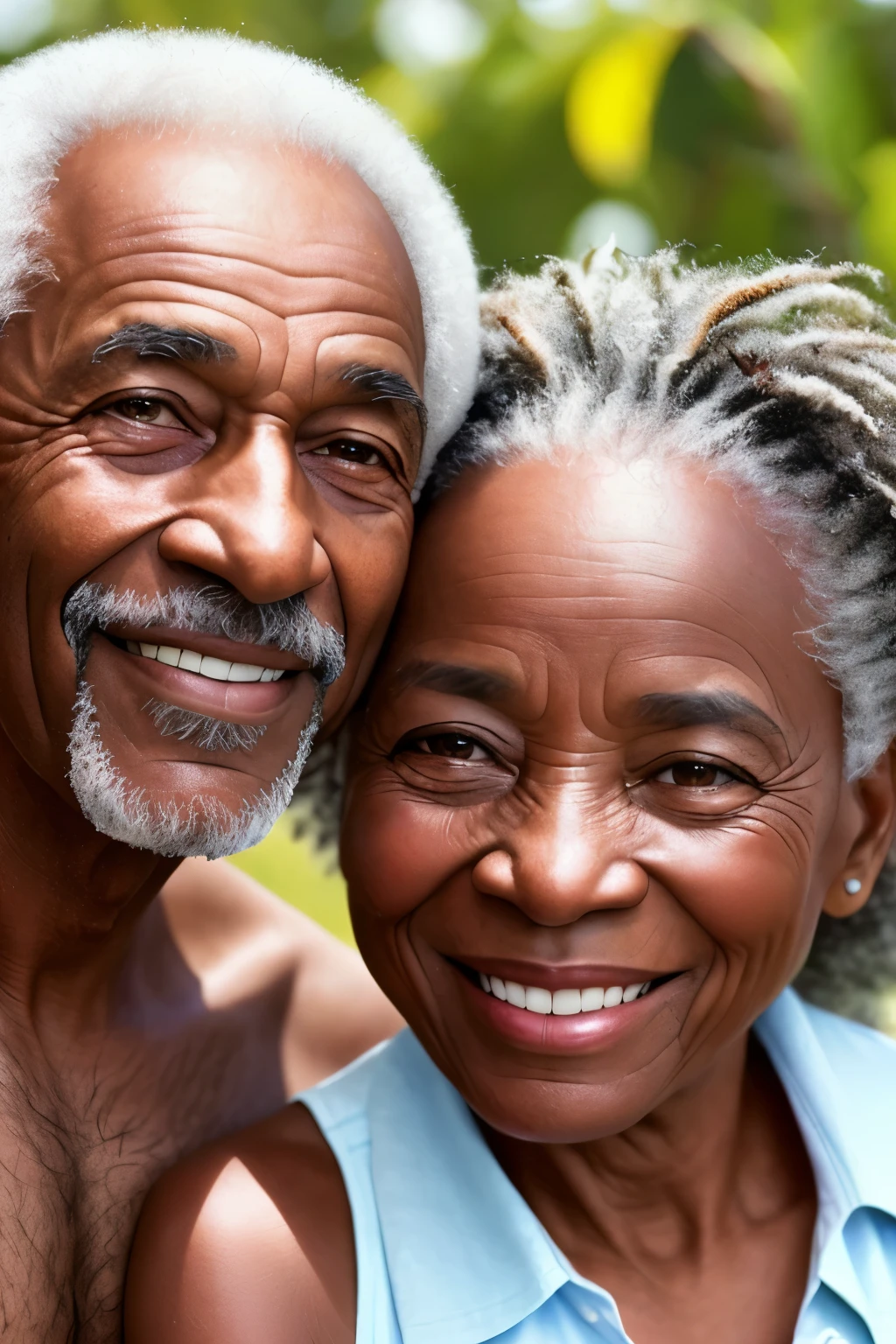 Ultra realistic image of an elderly Brazilian man and an African woman, both radiantly smiling for life, captured in stunning 8k resolution --s2

Their wrinkled yet expressive faces tell stories of a long and fulfilled life together. His warm, sun-kissed skin contrasts beautifully with her smooth, radiant complexion. Their eyes, full of wisdom and love, meet in a mutual gaze. Each strand of hair on their heads, every crease on their faces, is depicted with hyper-realistic precision. The scene is bathed in soft, natural light, adding to the sense of warmth and tranquility. This captivating image is a true masterpiece that celebr
