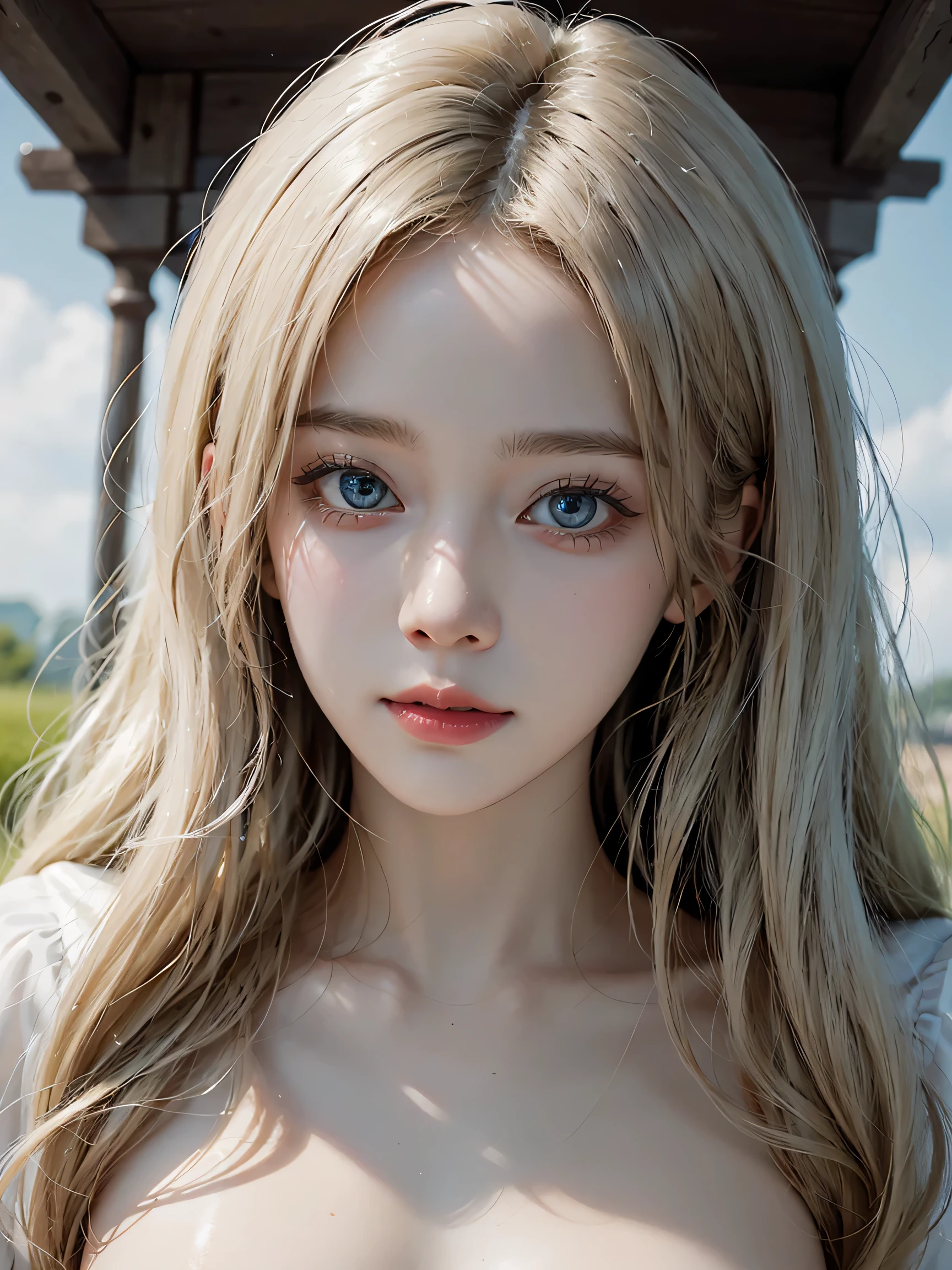 (8K, Raw photo, highest quality, masterpiece), ultra high resolution, 1 girl、portrait、、blue sky、bright and beautiful face、young, white and shining skin、best looks、blonde hair reflecting light、Beautiful platinum blonde super long silky straight hair gloss、long bangs、very beautiful 17 year old、Big eyes that shine in clear light blue、beautiful lovely beautiful girl, big breasts, ((erect nipples)), thin waist