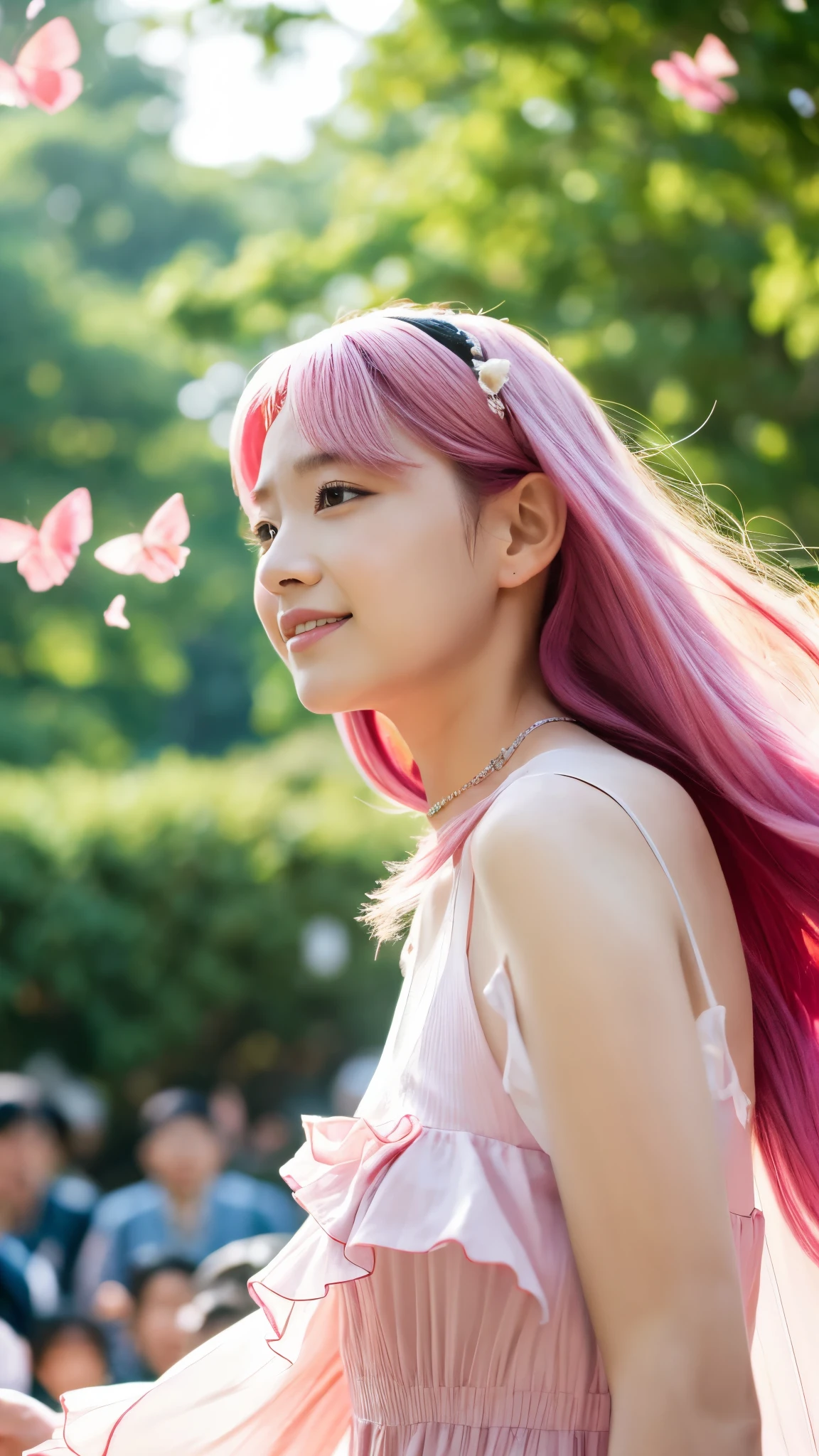 Tokyo, kabukicho, long hair fluttering in the wind, pink hair, High resolution, dress