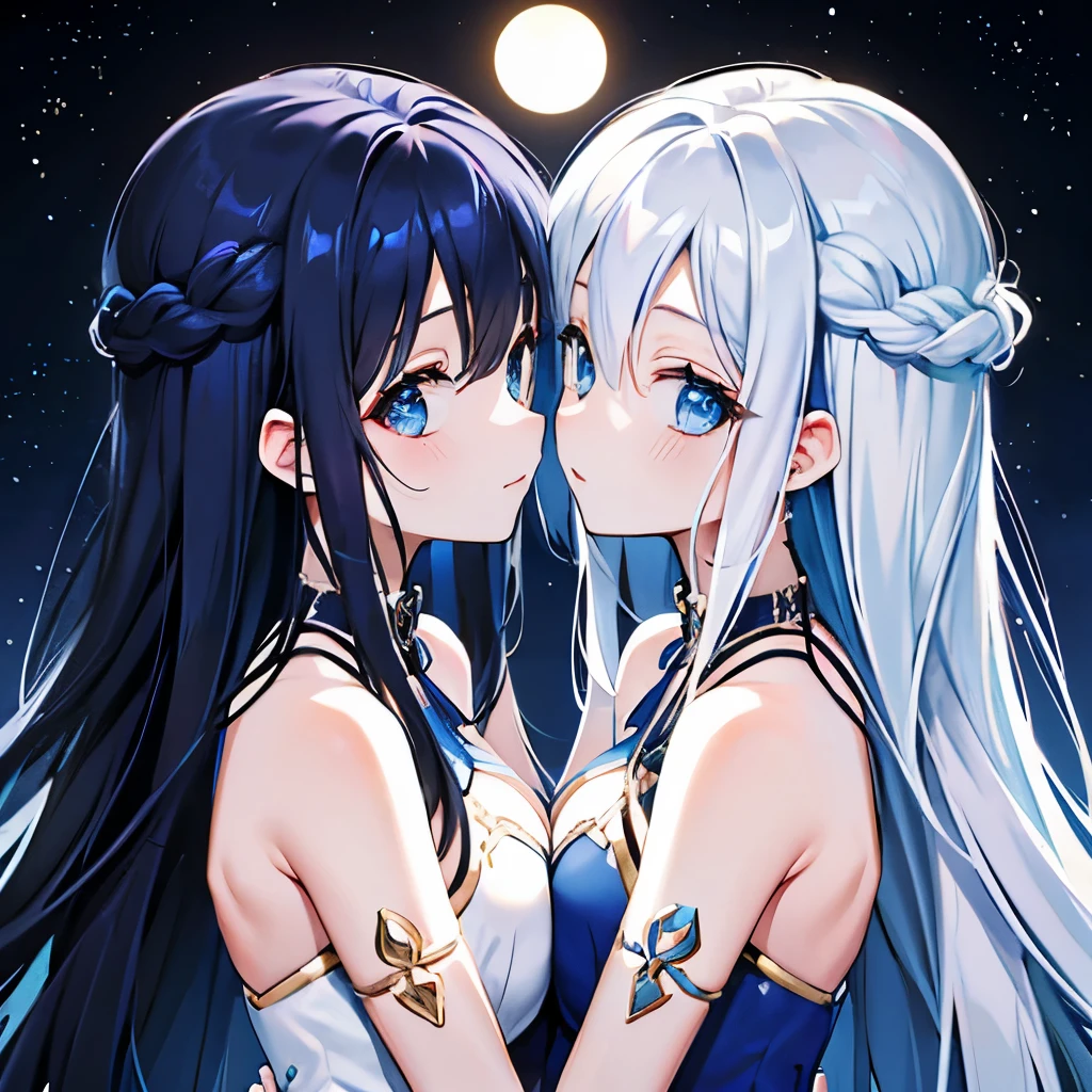 (masterpiece), best quality, 8k resolution, sharp focus, intricate detail, Tsukari Yohoshi embodies an ethereal and celestial presence. Their hair, a silvery hue with a subtle bluish tint, flows in loose waves down their back, reminiscent of moonlight cascading through the night sky. Their fair skin possesses a soft luminescence, reflecting the gentle glow of starlight. With a serene and contemplative expression, they appear as though they are forever gazing at the cosmic wonders above. Their eyes, deep and dark blue, mirror the vast expanse of a starry night. Adorned in a flowing, elegant gown adorned with a celestial motif, subtle sparkling stars dotting the fabric, Tsukari Yohoshi exudes an otherworldly charm. Their slender and graceful body, delicate in physique, stands in a specific pose—one hand gently raised towards the heavens, as if reaching for the very stars that inspire their name. Viewed from the side, their presence is framed by the moonlit horizon, a living embodiment of the beauty of the night sky.