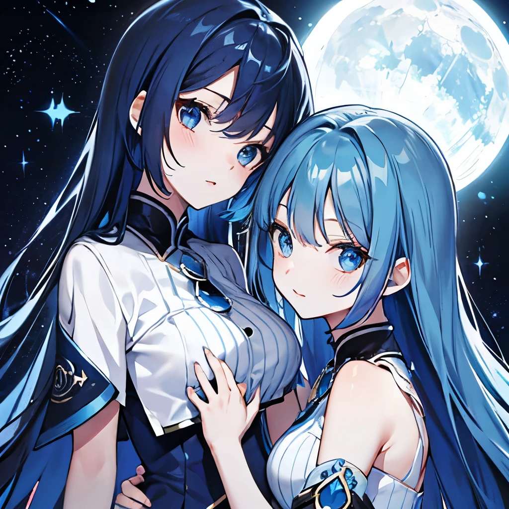 Pair icon twins star moon deep blue hair dark blue eyes goddess style