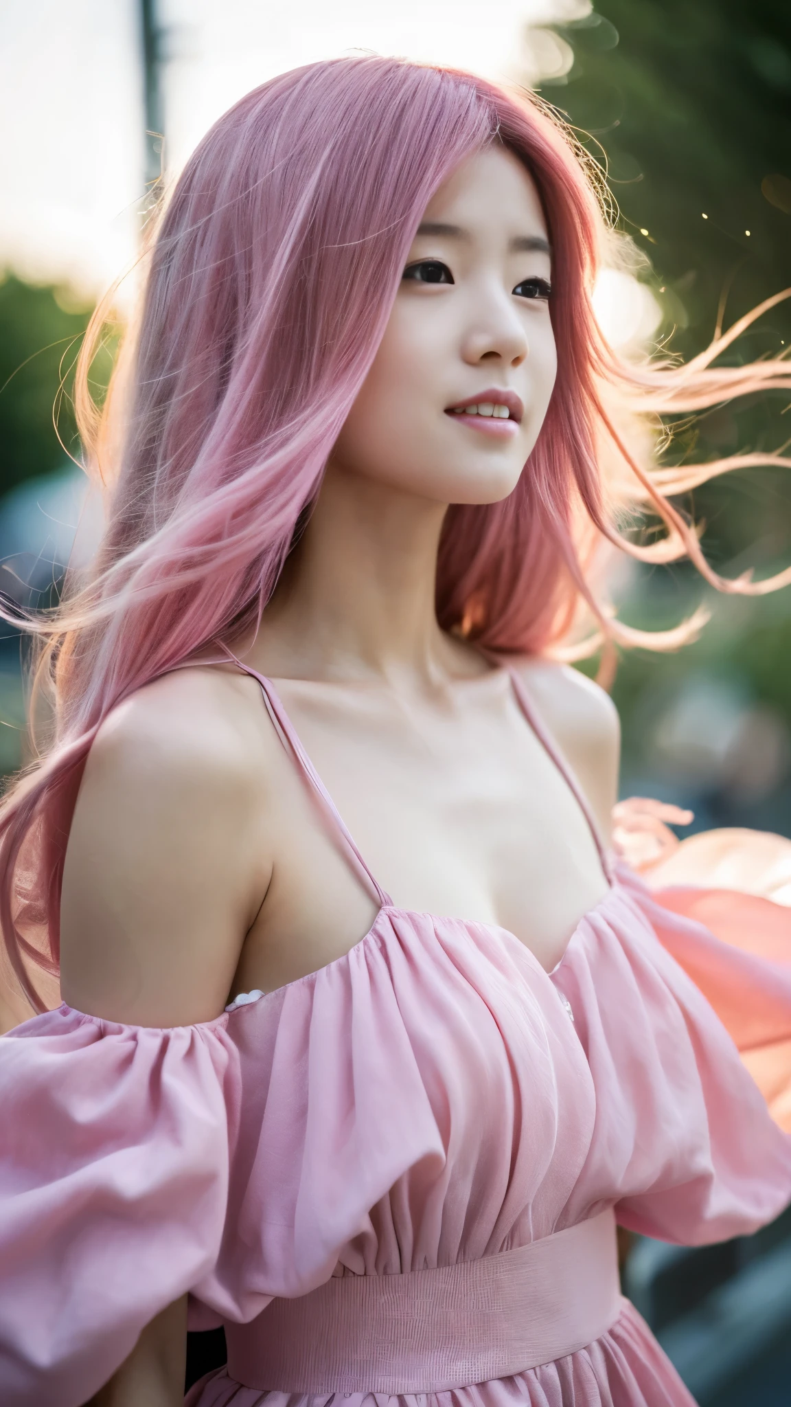 Tokyo, kabukicho, long hair fluttering in the wind, pink hair, High resolution, dress