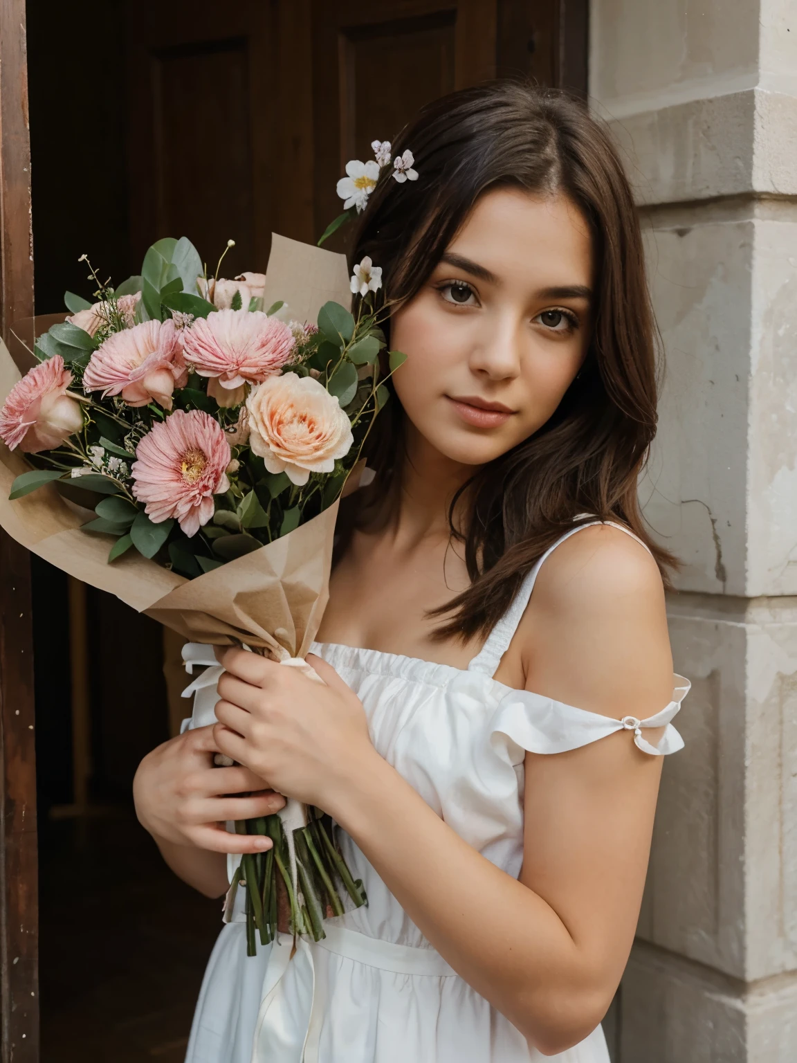 girl with a large bouquet of flowers