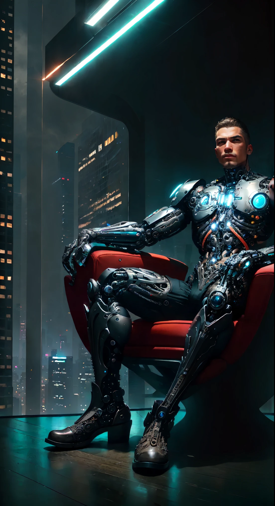 a skyscraper office in the big city, the cyborg man sits in a luxurious chair, heavy man boots, high quality, absurdres, masterpiece, beautiful, intricate details, 1/2 body crop, slim body, beautiful figure, magnificent anatomy, (intricate details:1.12), HDR, (intricate details, hyper-detailing:1.15), (natural skin textures, hyper realisitc, soft light, Sharp:1.2)