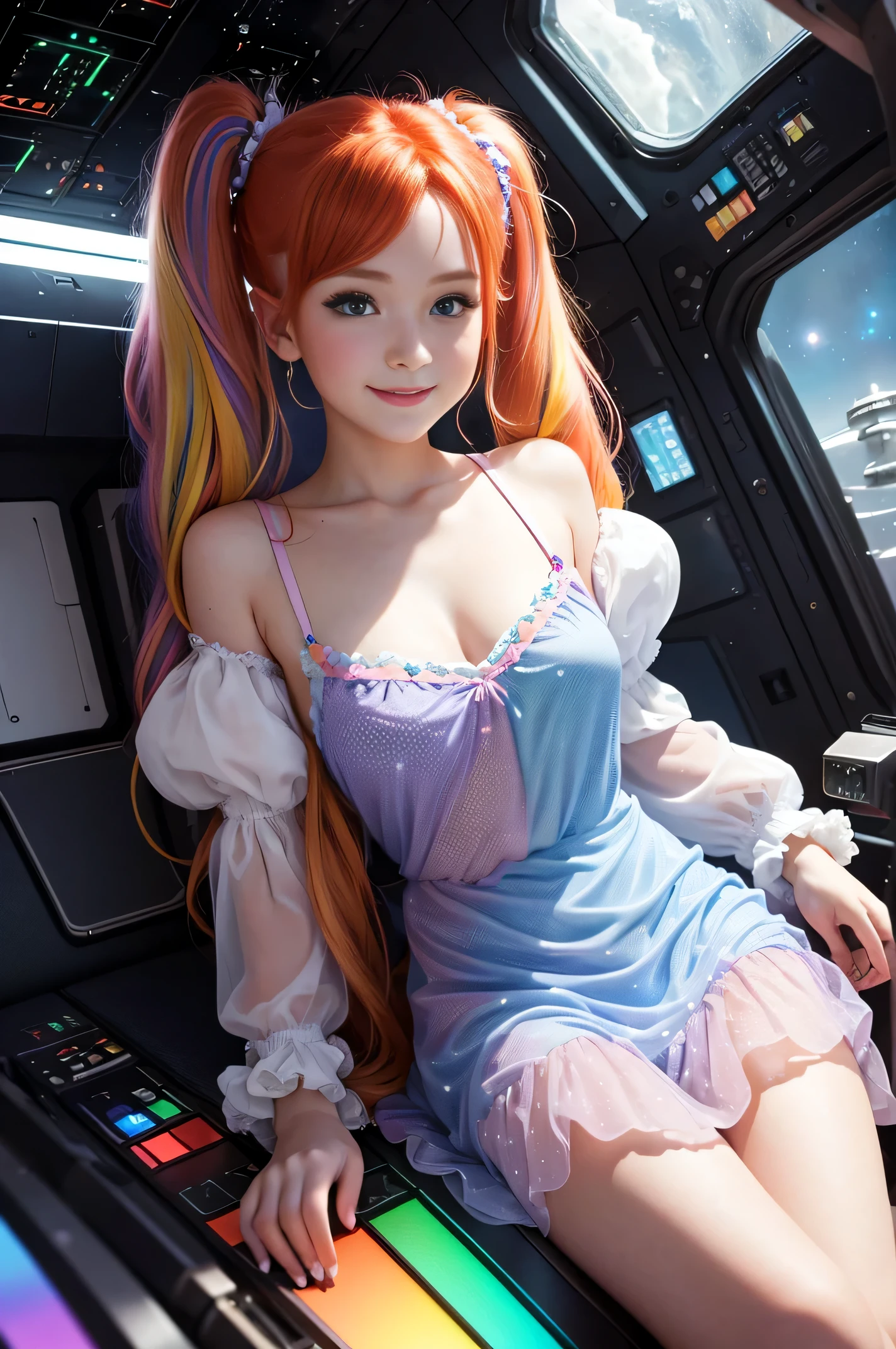 Best Quality, Masterpiece, 8k, RAW (overhead view) Cute redhead with rainbow colored hair tips, ribbons in her hair, 18-year-old woman, happy, smiling, in twin tails, perfect eyes, clear sparkling blue eyes, pale skin, silky smooth skin, flying a fancy metal luxurious space ship, futuristic cockpit, she's a pilot, outer space seen in windows, dark warm lighting, wearing a sheer, see though, pleated (chemise) nightgown (pastel rainbow colors, and polka dots), puffy sleeves.