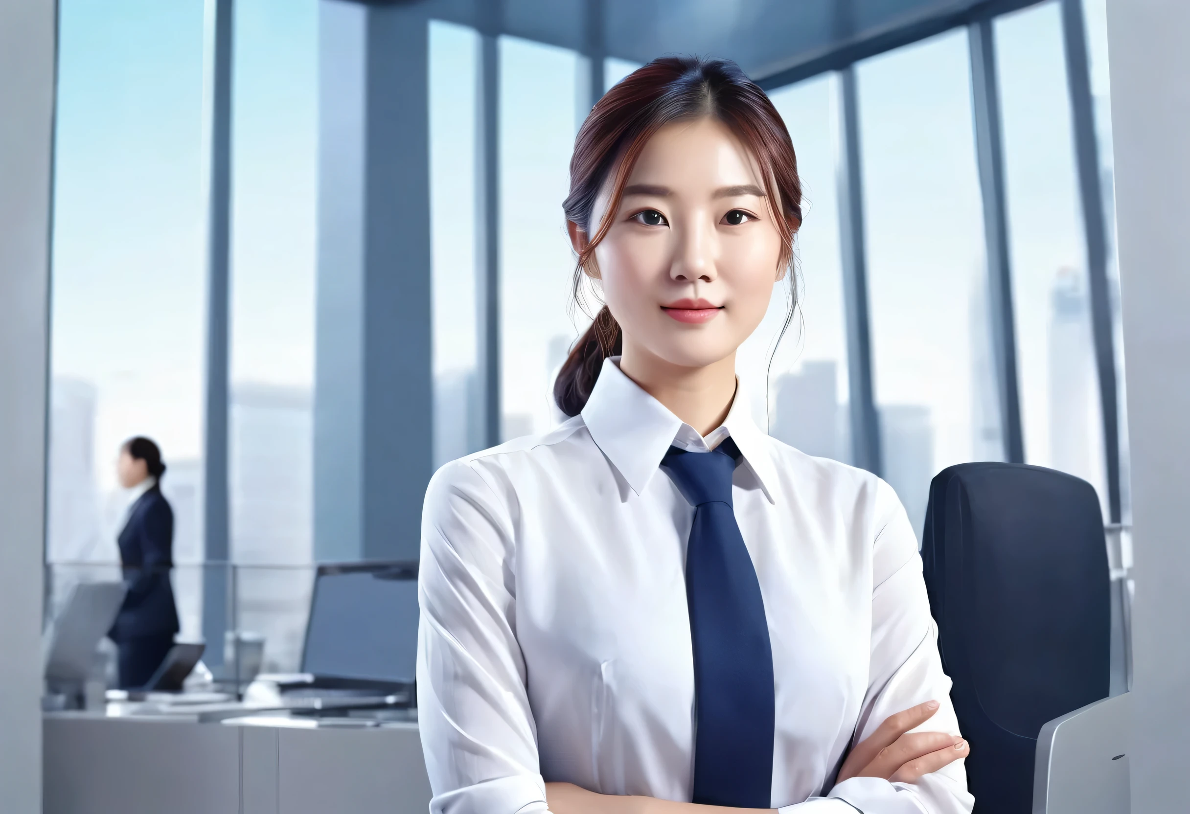 A wonderful illustration that can be used for corporate posters, etc.。business scene。1 female。work。masterpiece。highest quality。portrait。Built-in。