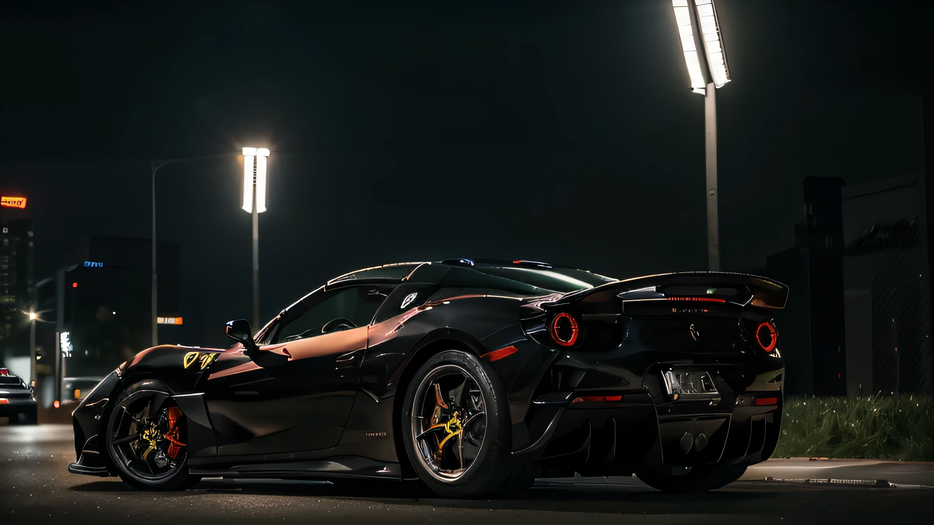 A fast moving ferrari spyder on the road, wheels turned to the right, smokey background, great lighting, city lights, no people, creative angle, (best quality,4k,8k,highres,masterpiece:1.2), ultra-detailed, (realistic,photorealistic,photo-realistic:1.37), HDR, UHD, studio lighting, extreme detail description, professional, vivid colors, bokeh, sports car, sleek design, metallic finish, shiny exterior, powerful engine, speeding motion, dynamic composition, urban setting, futuristic aesthetic, glossy reflections, nighttime atmosphere, vibrant cityscape.