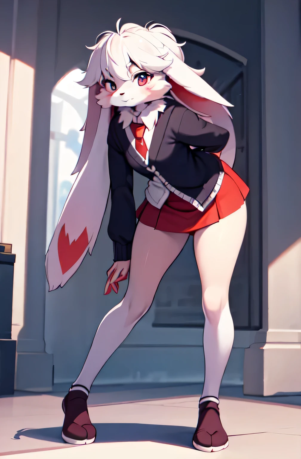 lop, masterpiece, best quality, solo, white rabbit, white long floppy ears, furry, white fur, fur, (detailed eyes:0.9), (detailed lighting, depth of field:0.9),lop rabbit, leaning forward, park, panorama, day, full body, Cardigan, red elements on fur, impressive stance, white socks, thick thighs, ultra cute face, cute face, looking at the viewer, mini skirt 
