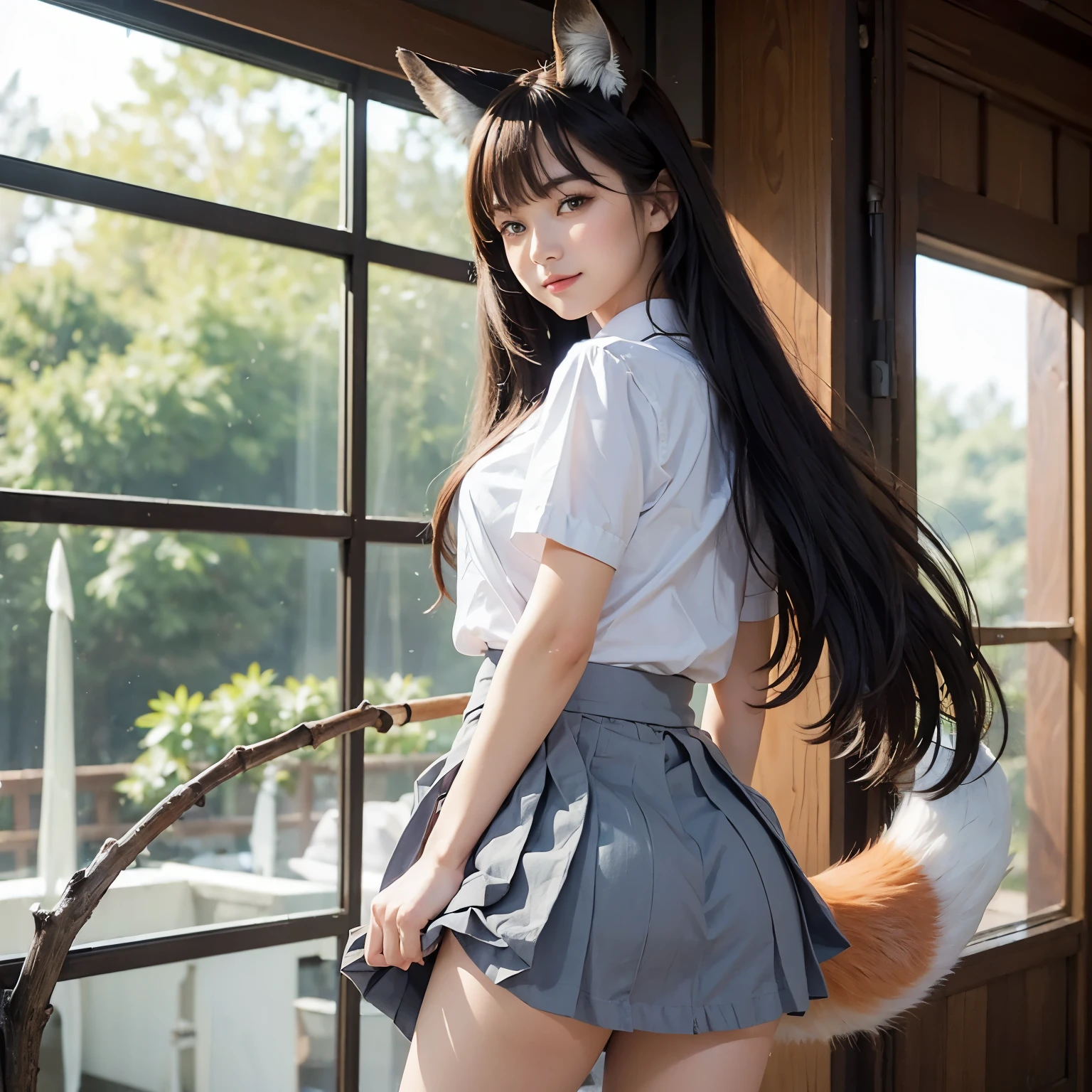 ((highest quality)), ((masterpiece)), (detailed), Perfect Face, A woman with a fox tail, Beautiful woman, public, It has a tail, She has a fluffy tail, She has a tail, She wags her tail, Sad face,  Lift the tail from the skirt, Buckshot:1.5, Inner skirt tail:1.6, Small breasts