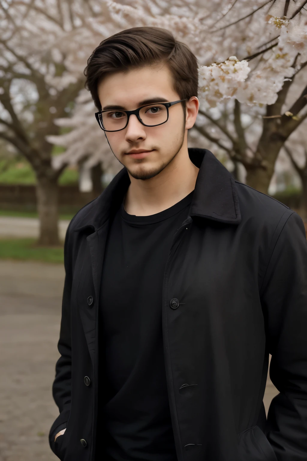 Picture of a 22-year-old man with a small beard and a mastectomy,cherry tree, black shirt, black coat, broken, anime, masterpiece, attractive, glasses,  authentic attitude.