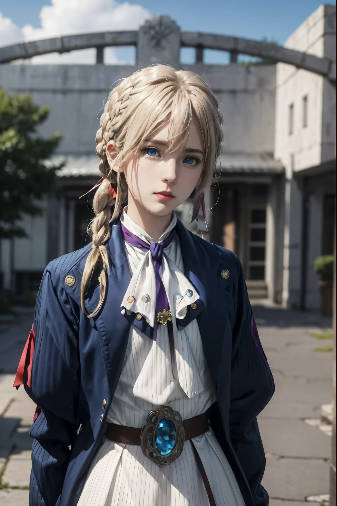 purple, 1 girl, alone, looking at the audience, blue eyes, blonde hair, ribbon, hair between eyes, jewelry, close your mouth, Jacket, hair ribbon, Braid, outdoor, nullnull, null, cloud, red ribbon, blue nullnull, Ascot, hair intake, blue Jacket, brooch, white Ascot, masterpiece ，hd