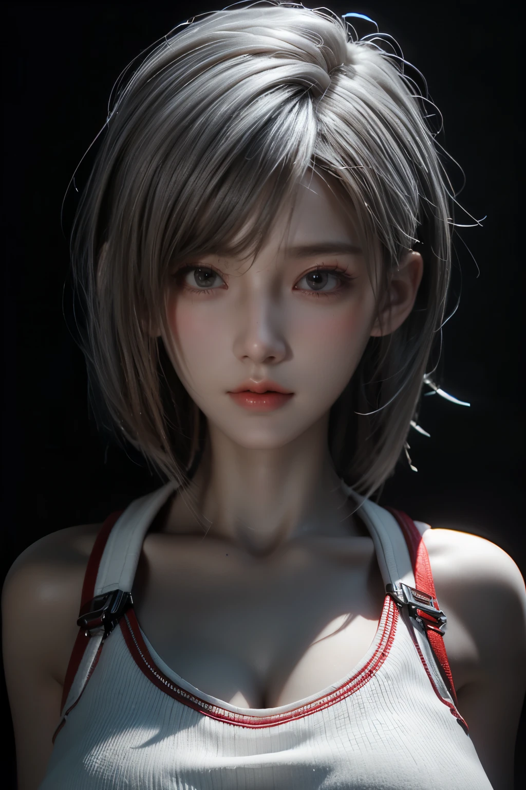 Masterpiece,Game art,The best picture quality,Highest resolution,8K,(A bust photograph),(Portrait),(Head close-up),(Rule of thirds),Unreal Engine 5 rendering works,
20 year old girl,Short hair details,With long bangs,(white hair),red eyes,Elegant and elegant,(Large, full breasts),(Wearing a white coat,Red suspender underwear),shut your mouth,serious yet charming,(scholar),photo poses,Sci-fi style laboratory,white room,
Movie lights,Ray tracing,Game CG,((3D Unreal Engine)),OC rendering reflection pattern