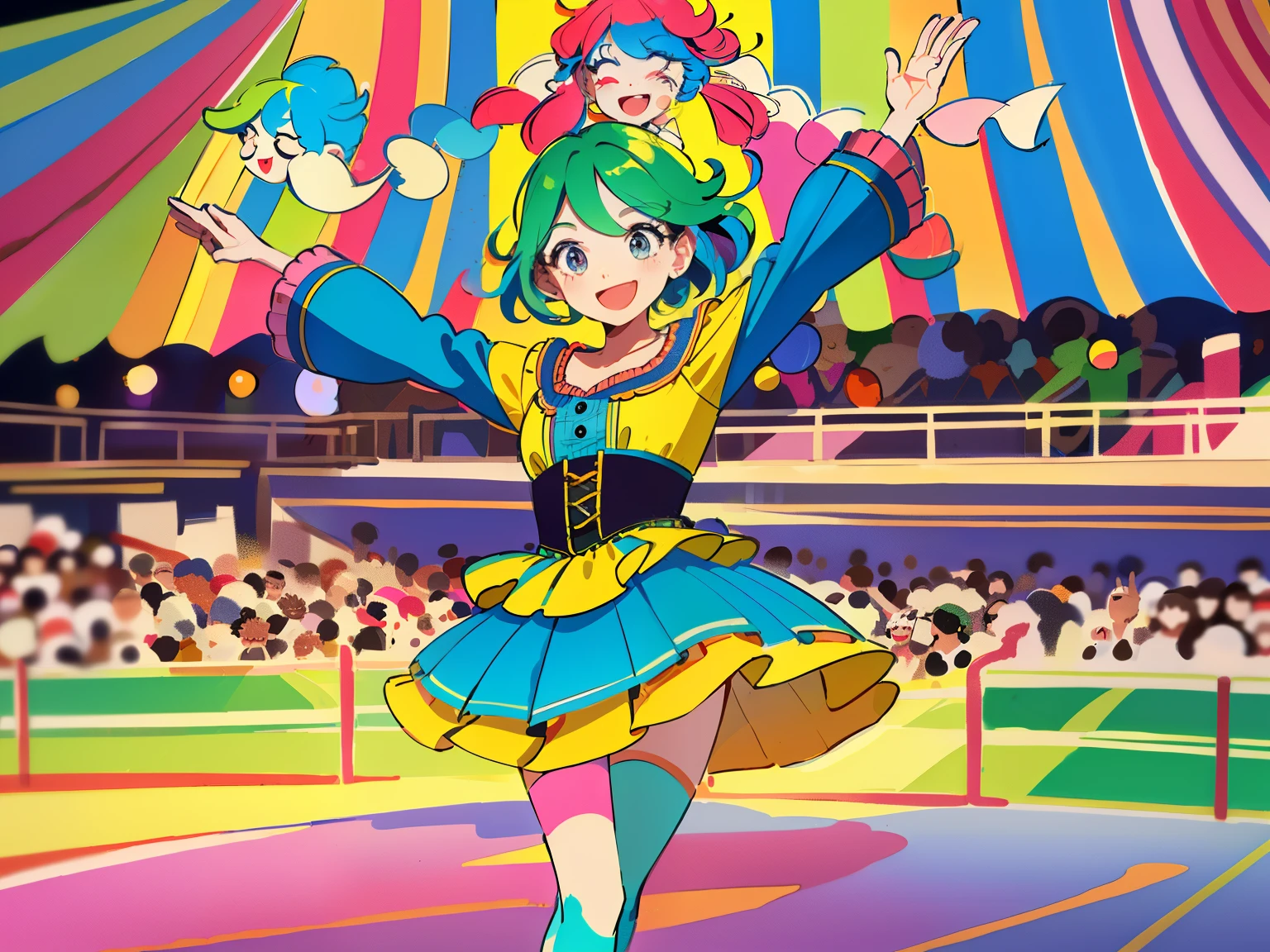 (Lively, Colorful, Joyful Atmosphere), 2 men and 1 woman, Stand-up Comedy Performance, Small Stage, Children, agers, and Adults in Attendance, Park Setting, (Ultra-Detailed, High-Resolution Illustration: 1.3), Joyful Expression, (Comical Art: 1.2), Cheerful Laughter, Diverse Audience, (Top-Quality, Extremely Detailed: 1.1), (Vibrant Color Palette: 1.4), Microphone in Hand, Hilarious Jokes, Depicted in Full, (Warm and Inviting Mood: 1