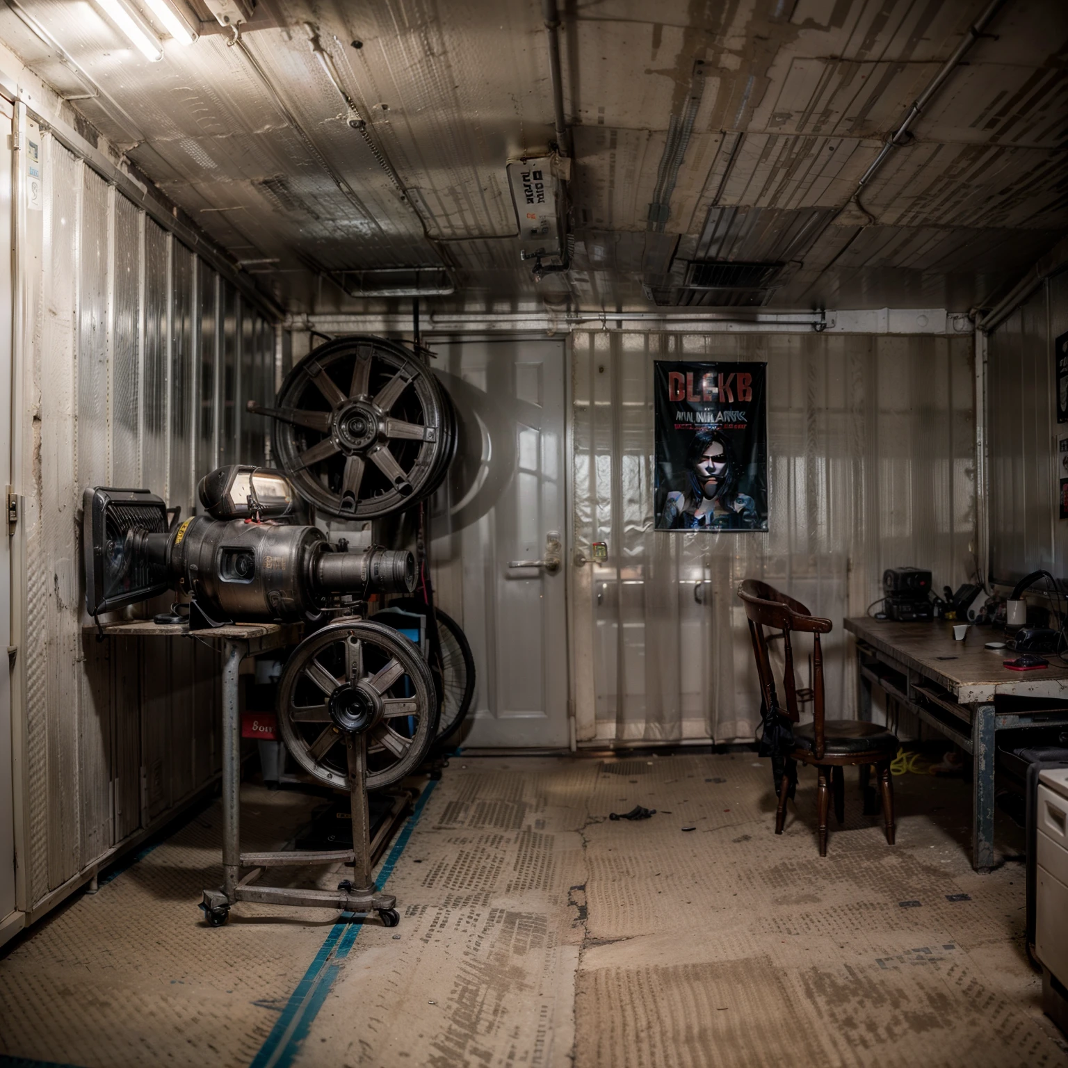 A cyberpunk basement with a table and projector, There is a poster，a work table。dark room，Maximize realism and detail to present the gloomy playroom of the 1950s, dark background,  No windows,no lights, night, dirty. 8K, actual , Very detailed, sharp focus, highest quality。