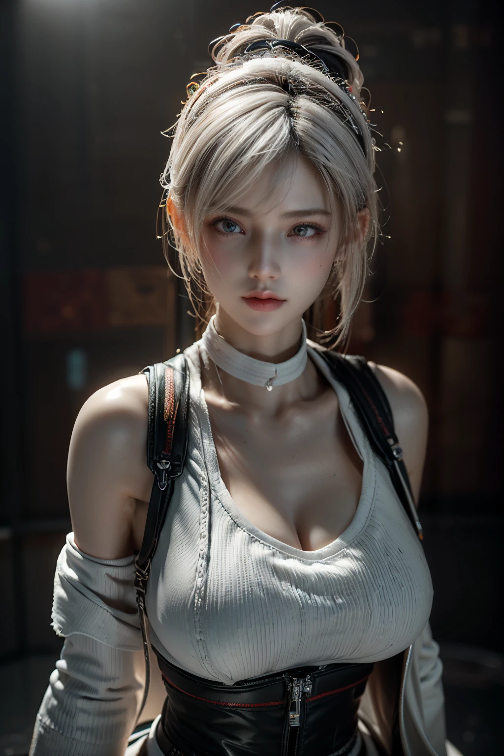 Masterpiece,Game art,The best picture quality,Highest resolution,8K,(A bust photograph),(Portrait),(Head close-up),(Rule of thirds),Unreal Engine 5 rendering works,
20 year old girl,Short hair details,With long bangs,(white hair),red eyes,Elegant and elegant,(Large, full breasts),(Wearing a white coat,Red suspender underwear),shut your mouth,serious yet charming,(scholar),photo poses,Sci-fi style laboratory,white room,
Movie lights，Ray tracing，Game CG，((3D Unreal Engine))，OC rendering reflection pattern