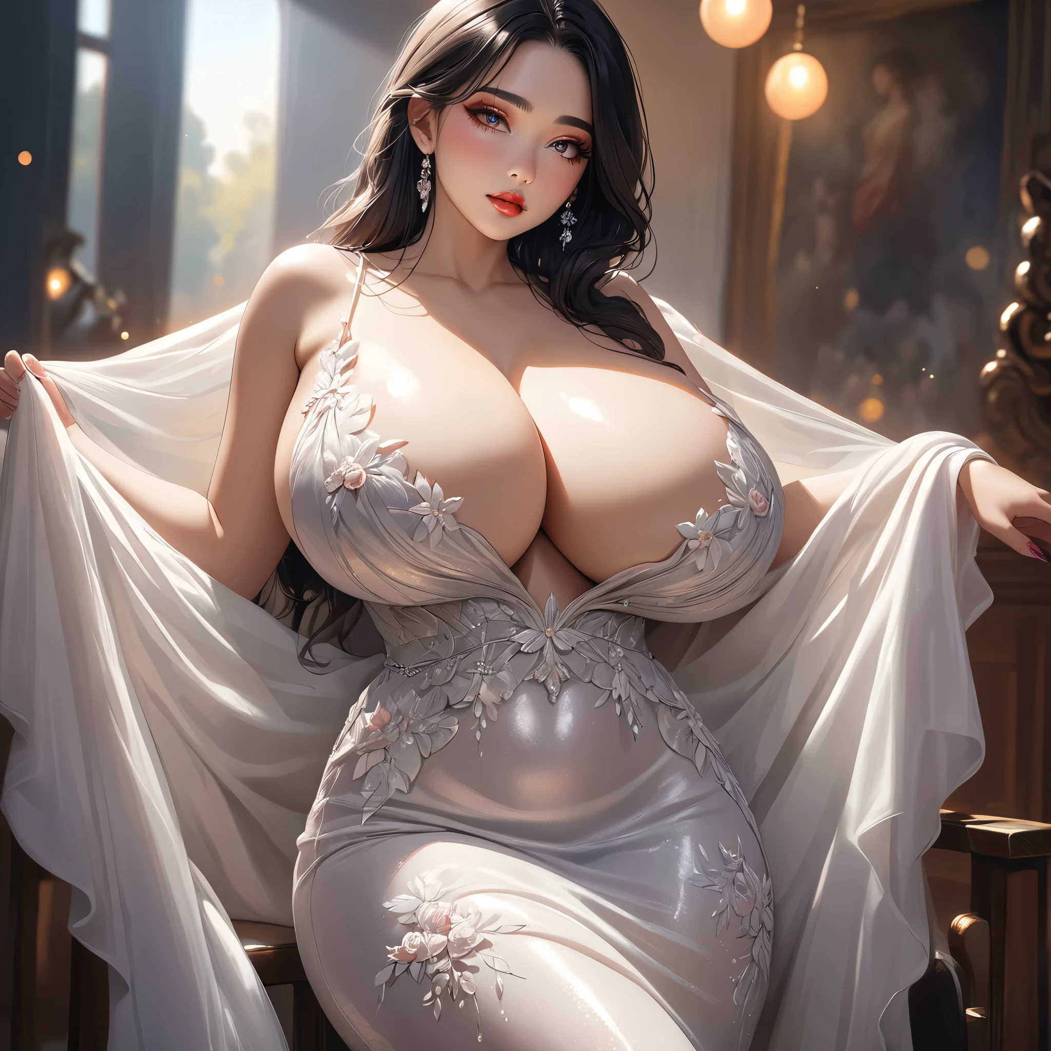(best quality,4k,8k,highres,masterpiece:1.2),ultra-detailed,(1girl,thick,huge breasts,wide thighs),beautiful detailed eyes,beautiful detailed lips,extremely detailed eyes and face,longeyelashes,medium:oil painting,shiny black hair,smooth skin texture,rosy cheeks,light red lips,delicate eyebrows,flowing dress,dreamy atmosphere,vivid colors,soft lighting,bokeh,realistic