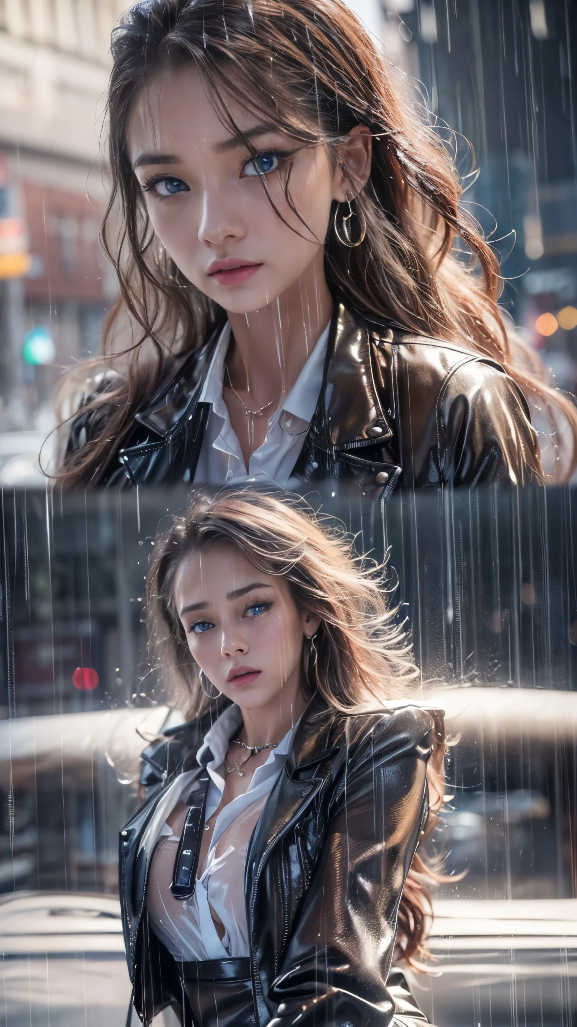 (RAW shooting, Photoreal:1.5, 8K, highest quality, masterpiece, ultra high resolution), perfect dynamic composition:1.2, Night street corner of a modern city, expression of sadness:0.5, (((Typhoon heavy rain))), Highly detailed skin and facial textures:1.2, Slim office lady wet in the rain:1.3, Fair skin, sexy beauty:1.1, perfect style:1.2, beautiful and aesthetic:1.1, very beautiful face, water droplets on the skin, (rain drips all over my body:1.2, wet body, wet hair:1.4), (Wet tight skirt:1.2, wet business suit jacket:1.3, wet blouse:1.3), belt, (Medium chest, Bra see-through, Chest gap), (cry, lovelorn, The expression on your face when you feel intense caress, Facial expression when feeling pleasure), (beautiful blue eyes, Eyes that feel beautiful eros:0.8), (Too erotic:0.9, Bewitching:0.9), cowboy shot, Shoulder bag, necklace, earrings, bracelet, clock