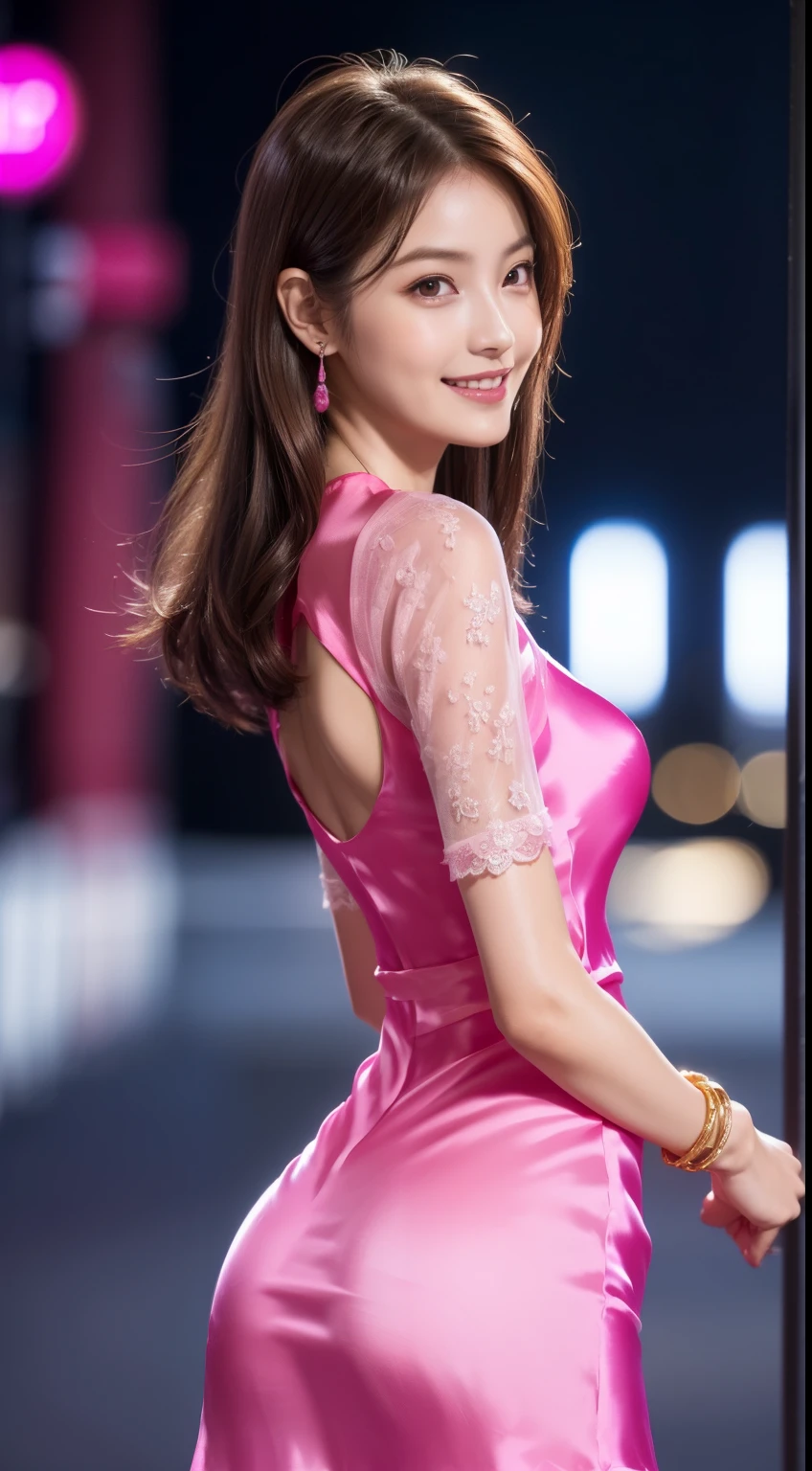 8K, masutepiece, Raw photo, Best Quality, Photorealistic, Highly detailed CG Unity 8K wallpaper, depth of fields, Cinematic Light, Lens Flare, Ray tracing, (Extremely beautiful face, Beautiful lips, Beautiful eyes), intricate detail face, ((Ultra detailed skin)) 1girl in, In the Dark, deepshadow, Pretty Korean girl, Kpop Idol, 1 girl, (Very slim and slender fit muscular body:1.3), ((Looking at Viewer)),(Big smile:1.3), (Hot Pink Color Blouse), (sleeve fashion city night, a dark night, (Neon sign), (Blurred background), Fashion Street Night),(No people in the background:1.3), Beautiful earrings, Bracelets, Necklace, pantyhose, Clear eyes, Walking, (pale skin), (big eye ace forward, ((upperbody shot)), ((Silk Hot Pink Color Dress:1.3)),(Brown hairs),((tight fit lace mini dress)), (see through), (Looking at Viewer:1.3) opened breast, Very slim, medium breasts, backtrack, Medium Butt, Active, Thigh, lower back, Butts