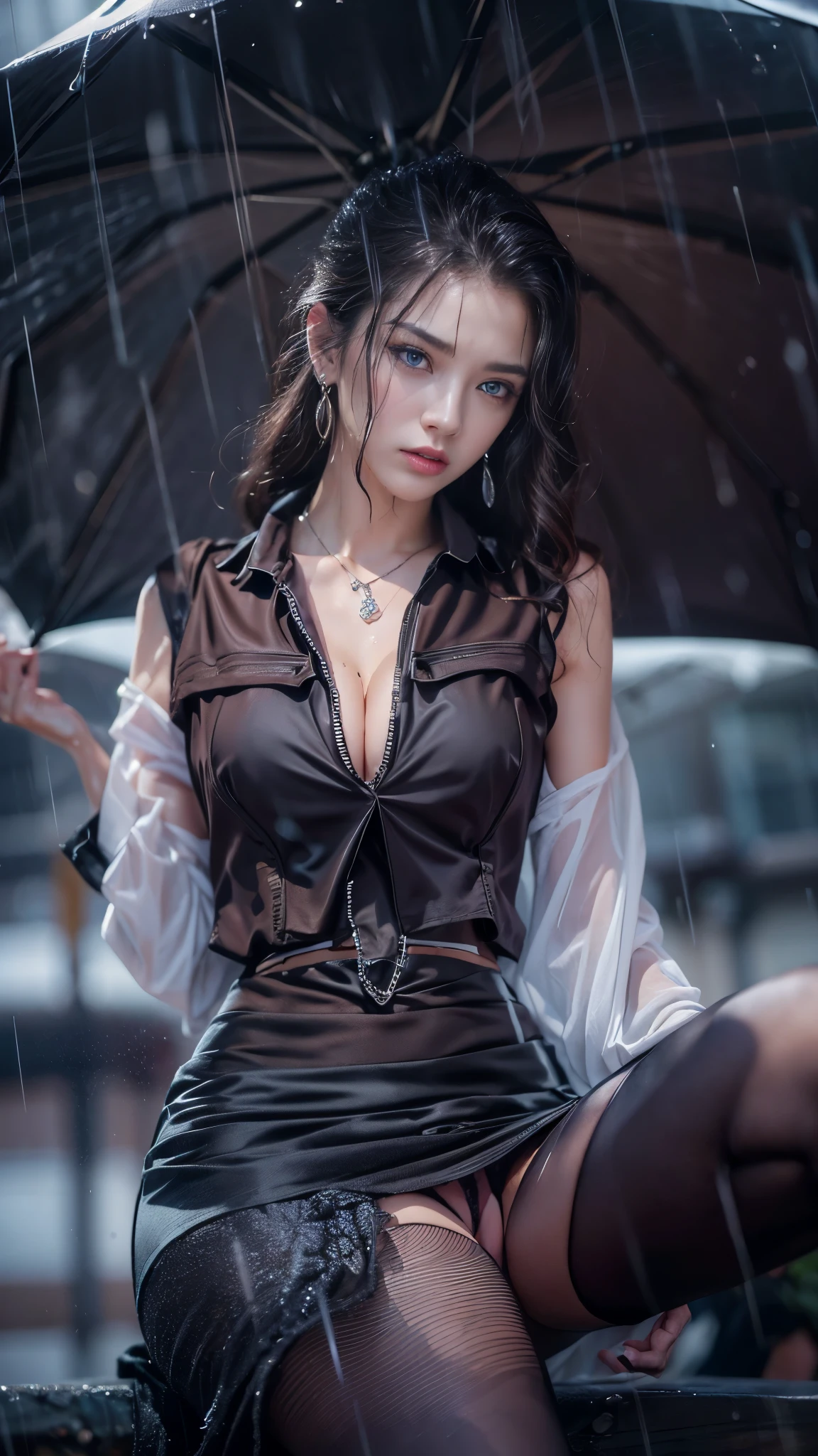 (RAW shooting, Photoreal:1.5, 8K, highest quality, masterpiece, ultra high resolution), perfect dynamic composition:1.2, Night street corner of a modern city, expression of sadness:0.5, (((Typhoon heavy rain))), Highly detailed skin and facial textures:1.2, Slim office lady wet in the rain:1.3, Fair skin, sexy beauty:1.1, perfect style:1.2, beautiful and aesthetic:1.1, very beautiful face, water droplets on the skin, (rain drips all over my body:1.2, wet body:1.2, wet hair:1.3), (Wet tight skirt:1.2, wet business suit jacket:1.3, wet blouse:1.3), belt, (Medium chest, Bra is transparent, Chest gap), (cry, lovelorn, The expression on your face when you feel intense caress, Facial expression when feeling pleasure), (beautiful blue eyes, Eyes that feel beautiful eros:0.8), (Too erotic:0.9, Bewitching:0.9), cowboy shot, Shoulder bag, necklace, earrings, bracelet, clock