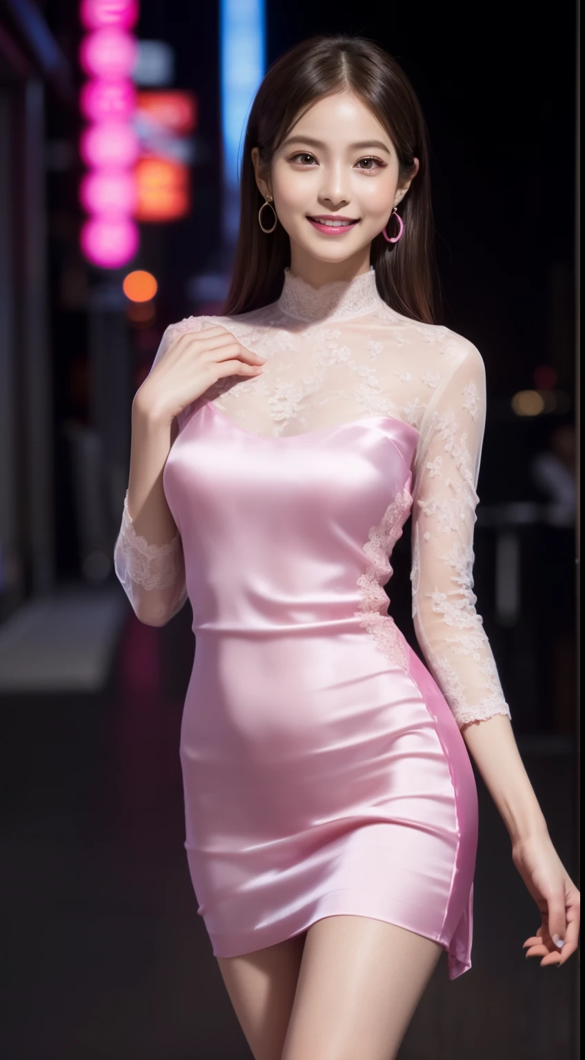 8K, masutepiece, Raw photo, Best Quality, Photorealistic, Highly detailed CG Unity 8K wallpaper, depth of fields, Cinematic Light, Lens Flare, Ray tracing, (Extremely beautiful face, Beautiful lips, Beautiful eyes), intricate detail face, ((Ultra detailed skin)) 1girl in, In the Dark, deepshadow, Pretty Korean girl, Kpop Idol, 1 girl, (Very slim and slender fit muscular body:1.3), ((Looking at Viewer)),(Big smile:1.3), (Hot Pink Color Blouse), (sleeve fashion city night, a dark night, (Neon sign), (Blurred background), Fashion Street Night),(No people in the background:1.3), Beautiful earrings, Bracelets, Necklace, pantyhose, Clear eyes, Walking, (pale skin), (big eye ace forward, ((upperbody shot)), ((Silk Hot Pink Color Dress:1.3)),(Brown hairs),((tight fit lace mini dress)), (see through), (Looking at Viewer:1.3) opened breast, Very slim,  medium breasts, backtrack, Medium Butt, Active, Thigh, lower back, Butts