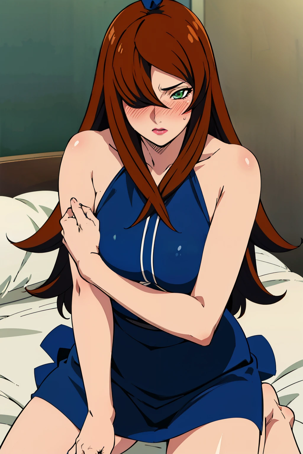 squatting on bed, blue dress, bedroom background, mei terumi, takeda hiromitsu style, anime cels style, best quality, high resolution, (large breasts:1.3), cowboy shot, blush, embarrassed, long hair, brown hair, green eyes, ((hair over one eye)), lipstick