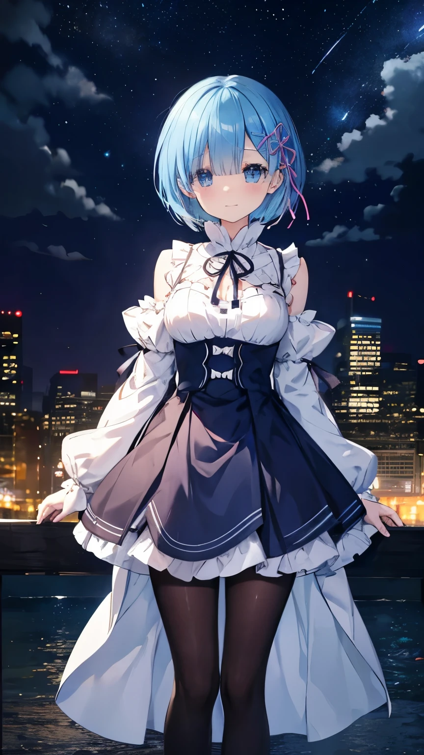 Rem from Re:Zero、light blue hair、shortcut, To tell, Casual cute dress, Cast a spell on the stars in the middle of the city at midnight, panorama, landscape、black pantyhose